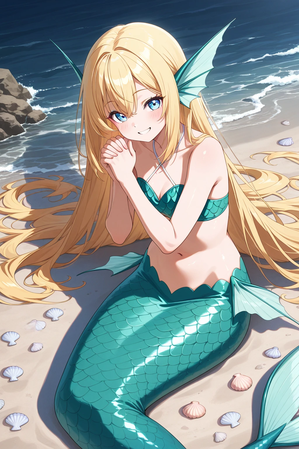 kitagawa marin, 1girl, blonde hair, long hair, multicolored hair, red eyes, jewelry, earrings, piercing, black choker, mermaid、Ocean、UHD, retina, masterpiece, anatomically correct, textured skin, high details, best quality,