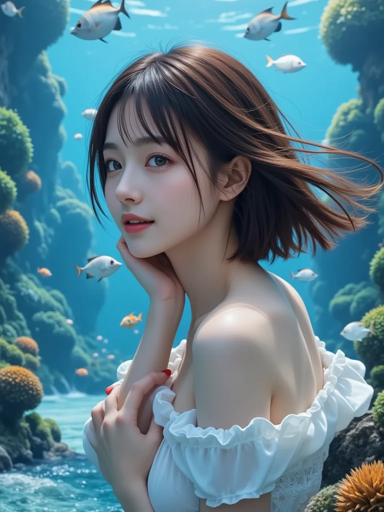 (((30-year-old woman with)))、((aquariums))、masterpiece, 1 beautiful girls, (((very_Short_hair))), Eye details, Swollen eyes, Top image quality, 超A high resolution, (Realistis: 1.4), OriginalPhotographs, 1girl in, Cinematographic lighting, japanes, very beautif, Beautiful skins, (A hyper-realistic), (hight resolution), (8 K), (ighly detailed), (The best illustrations), (beautifully detailed eyes), (ultra-detailliert), A detailed face, look at a camera, Facing straight ahead, Neat Clothing, shorth hair、A dark-haired、46-point diagonal bangs、((aquariums))、Lots of fish、(((tropical fish)))