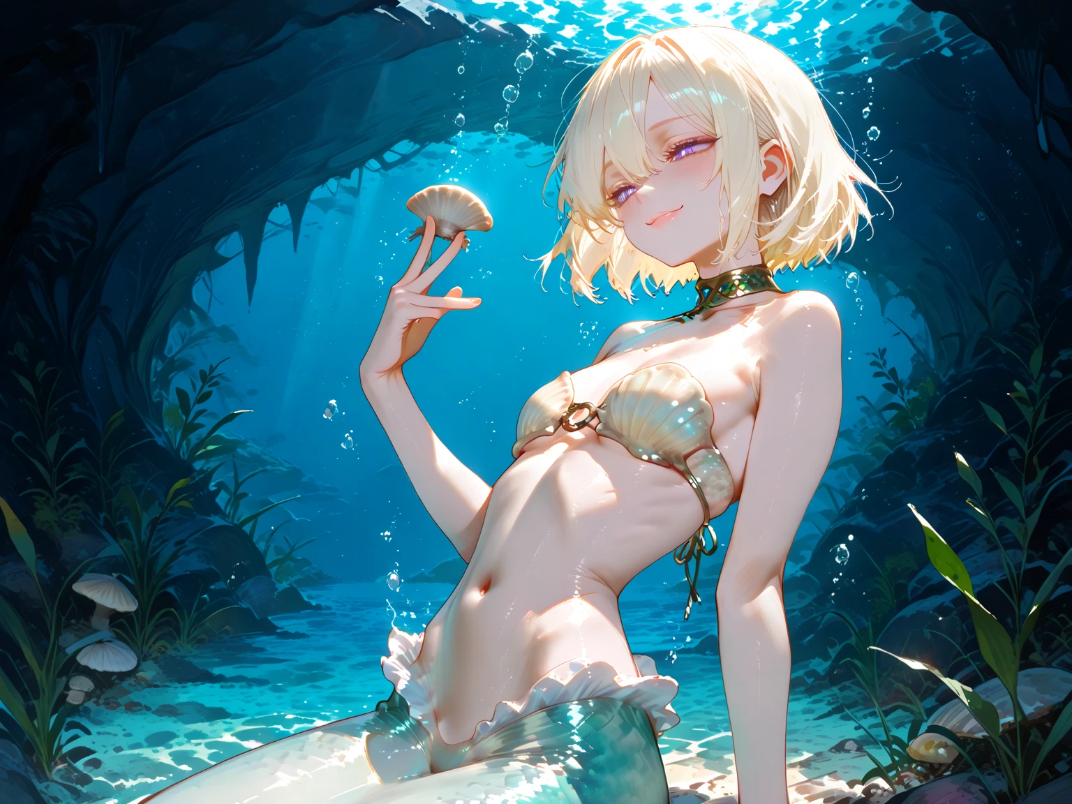 Live-action quality、masterpiece, top-quality, The ultra -The high-definition, Top resolution, ighly detailed、semi short hair, White Slim Bikini, bikini skirt, Tentacles take off their swimsuits、a necklace, jewely, flower in hair, Blonde hair,Latex Bodysuit、 hibiscus, hair clips, A bracelet, Look at viewers, crying how bright、embarrassed from, red blush, Horse tail, octopus, under the water, reefs, Air bubble, Dappled sunlight, Dark, tentacles, (Raped by tentacles:1.3), srestrained, Spread legs, Vaginal with tentacles inserted