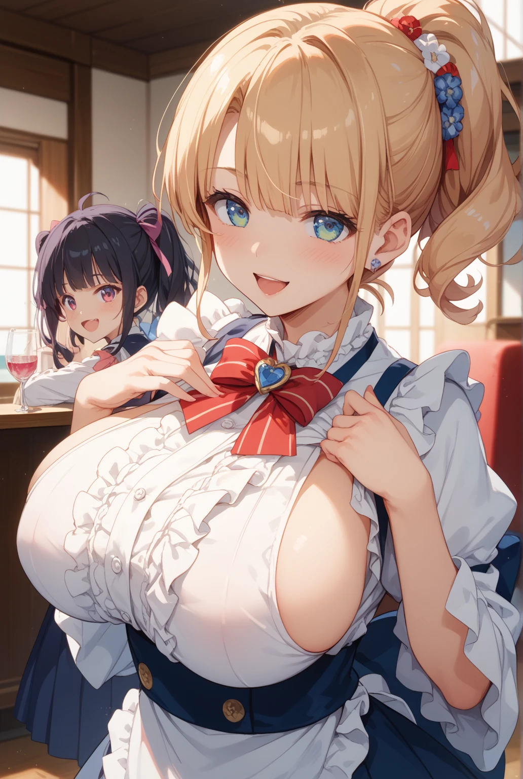 pov, paizuri, 3girls,, , , , paizuri, penis between the breasts, breasts squeezed together, , room, window, sweat, naughty, , blunt bangs, forehead,, little sister walk in, comedy, getting caught by little sister, busted, very surprised, nipples, camisole