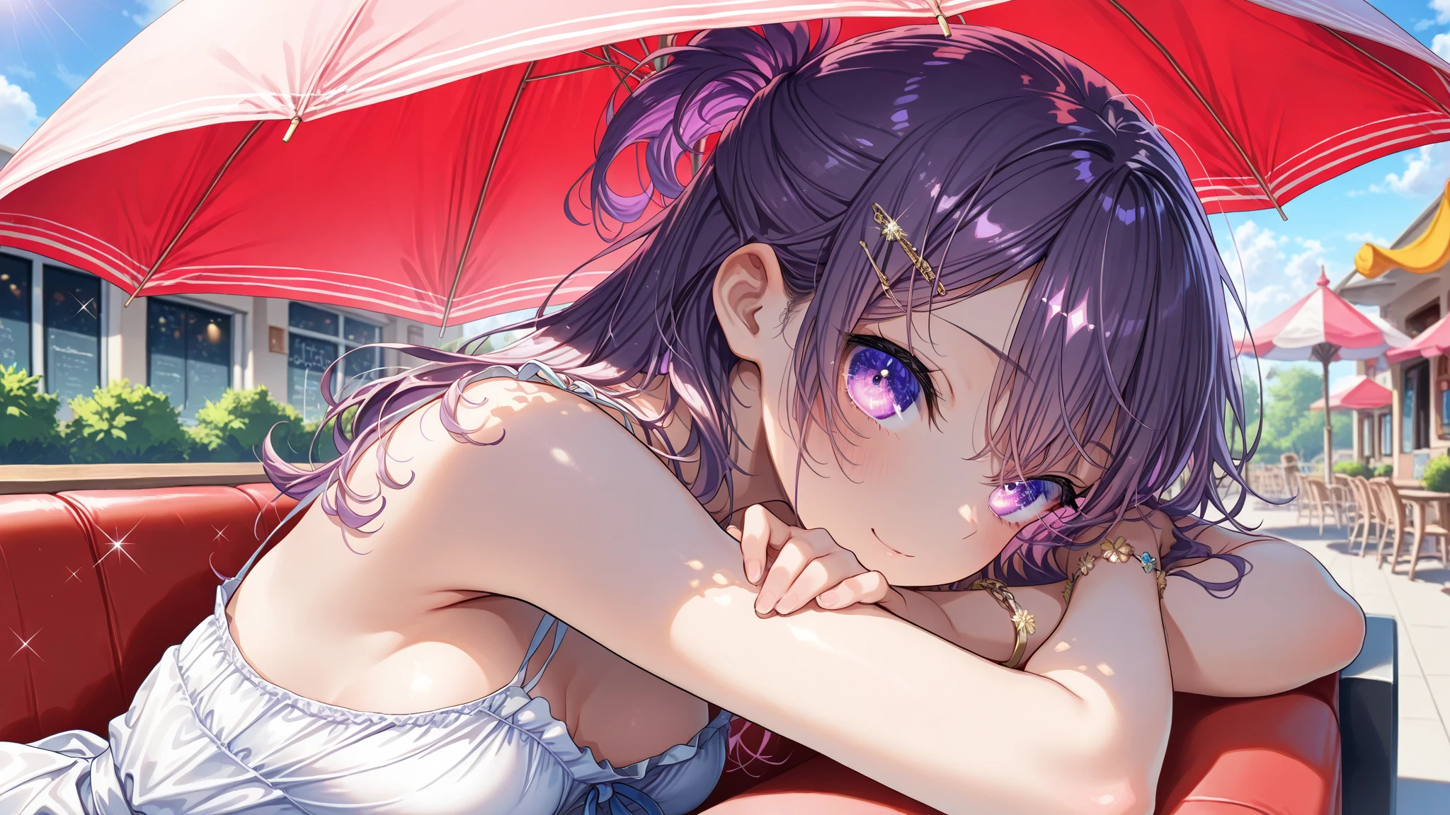 (best quality:1.2), (ultra detailed:1.2),(masterpiece:1.2),(8k:1.2),(Blessed,Captivating body、Ultra detailed hands、Ultra-detailed eyes、Ultra-detailed skin、ultra-detailed face,Detailed Background),One Girl、(sandy beach ,lie down,arms up:1.5), (craving, ecstasy:1.7),(off shoulder bikini:1.7), azki_(hololive) , 1girl, 独奏, multicolored hair, pink hair, purple eyes, black hair, dress, hair between eyes