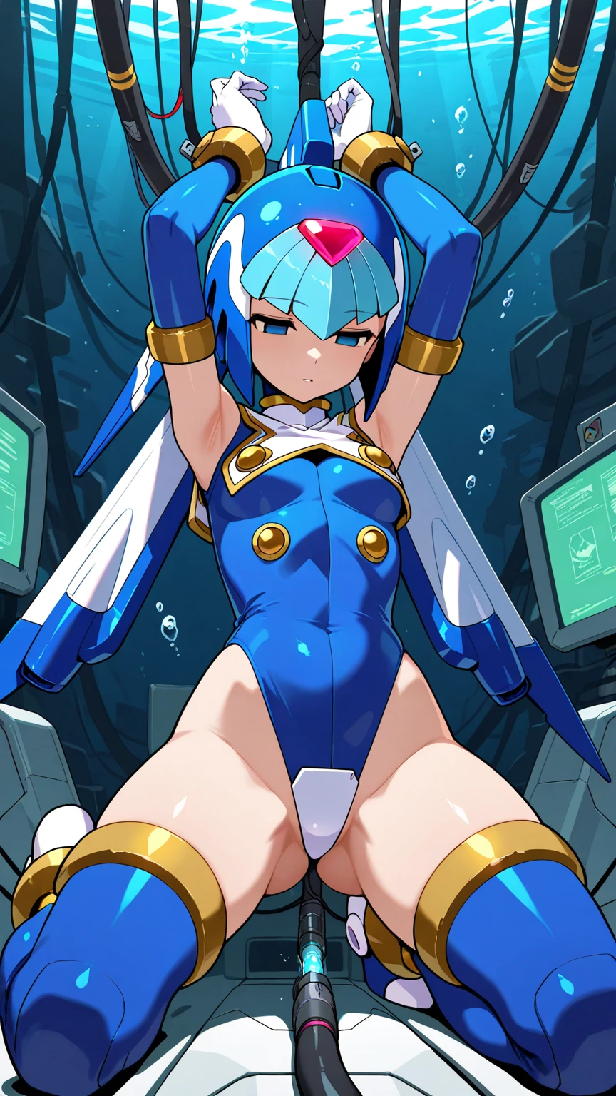 leviathan_megamanz, 1 chica, solo, blue eyes, androide, casco, Sentado en la roca, muslos, agua, alta calidad, obra maestra, No panties, pussy , vaginal fluids , blushed.