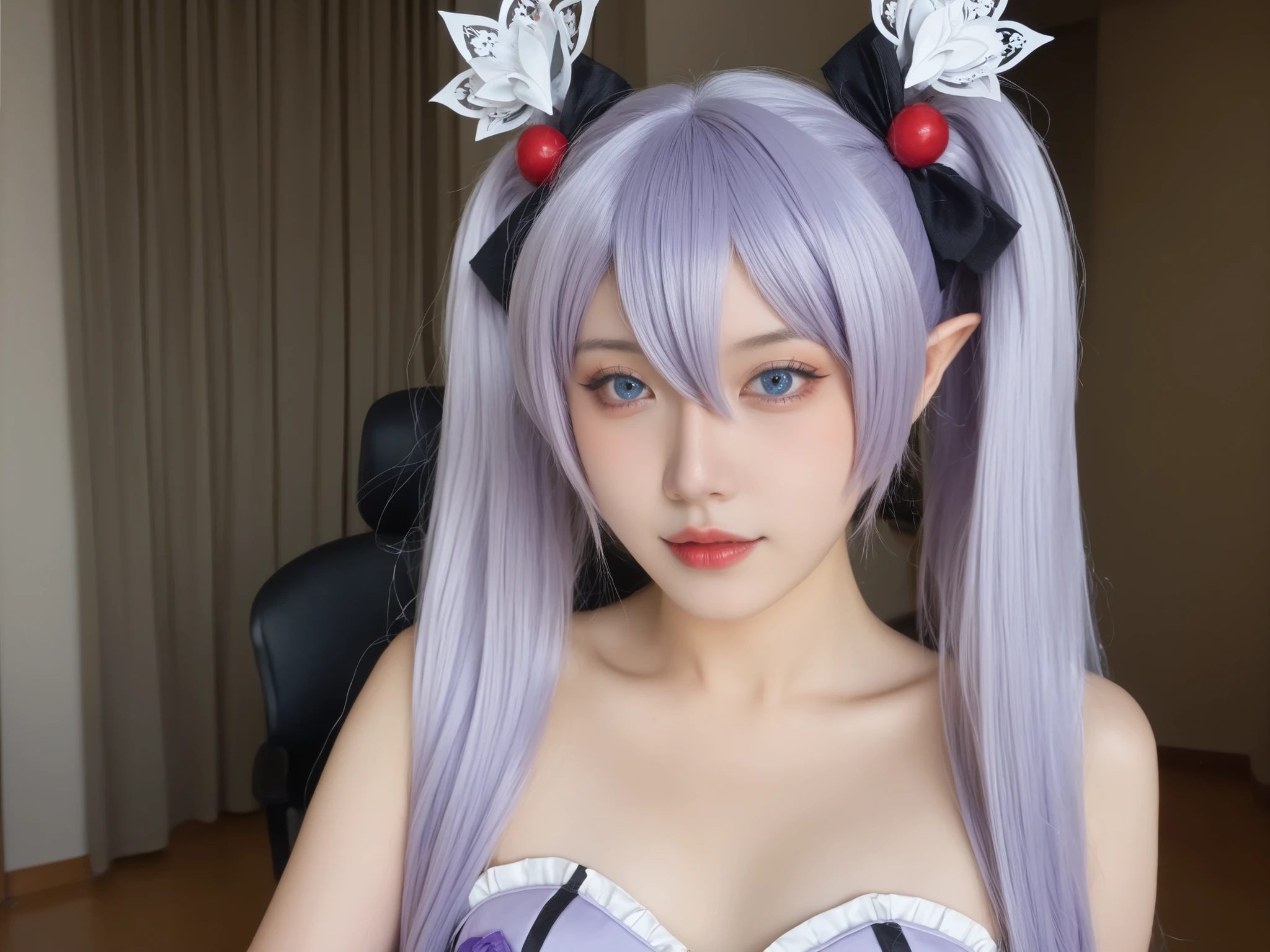 garota cosplayer, meiga, light purple hair, hair between eyes, blue eyes, small breasts, long hair, twintails, elf girl, ela está totalmente pelada, mostrando as tetas e a buceta, seios pequenos, mamilos rosados, ela está de pé olhando de forma meiga, ela está de pé no corredor de uma biblioteca com as mãos na cintura, buceta ultradetalhada, buceta totalmente exposta, buceta, pele real, textura da pele, traços faciais detalhados, sardas,Ance, conteúdo adulto, ela está com a roupa abaixada mostrando os seios, seios totalmente expostos, mamilos rosados