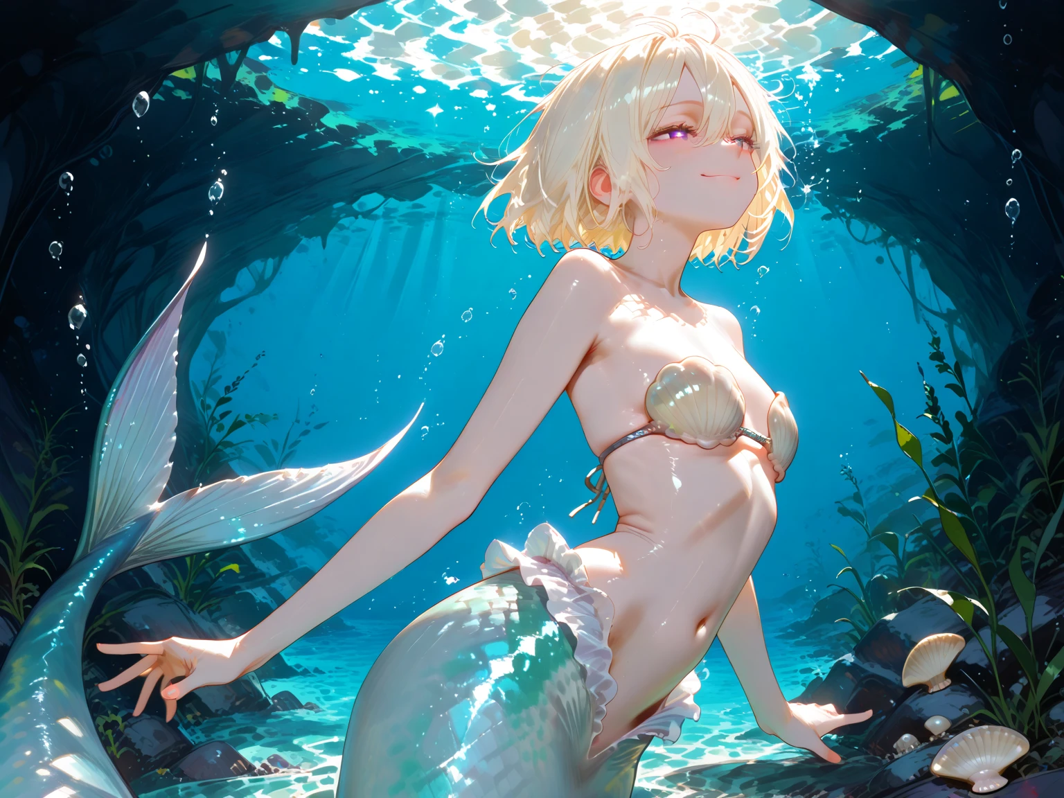 hiten kei style, claude monet, oil painting, mermaid, ((topless)), nsfw, masterpiece, underwater, coral reefs, schooling fish, 1 girl, erect nipples, intricately detailed, navel, bare shoulders, blonde hair, pearl necklace, fin hair ornaments, under sea, extremely detailed, bare breasts, puffy nipples, blue eyes, bare stomach, soaked, medium breasts, arm strap, swimming, teen, soft eyes, smiling, armpit, happy, half open eyes, lusty eyes, blushing, long hair, side bangs, huge nipples, erect nipples