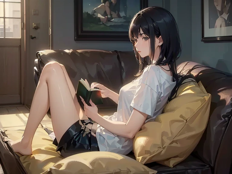 Woman reading a book in the room、30th Generation、The skirt is short、T-Shirts、Ultra HD、amazing、Nice body