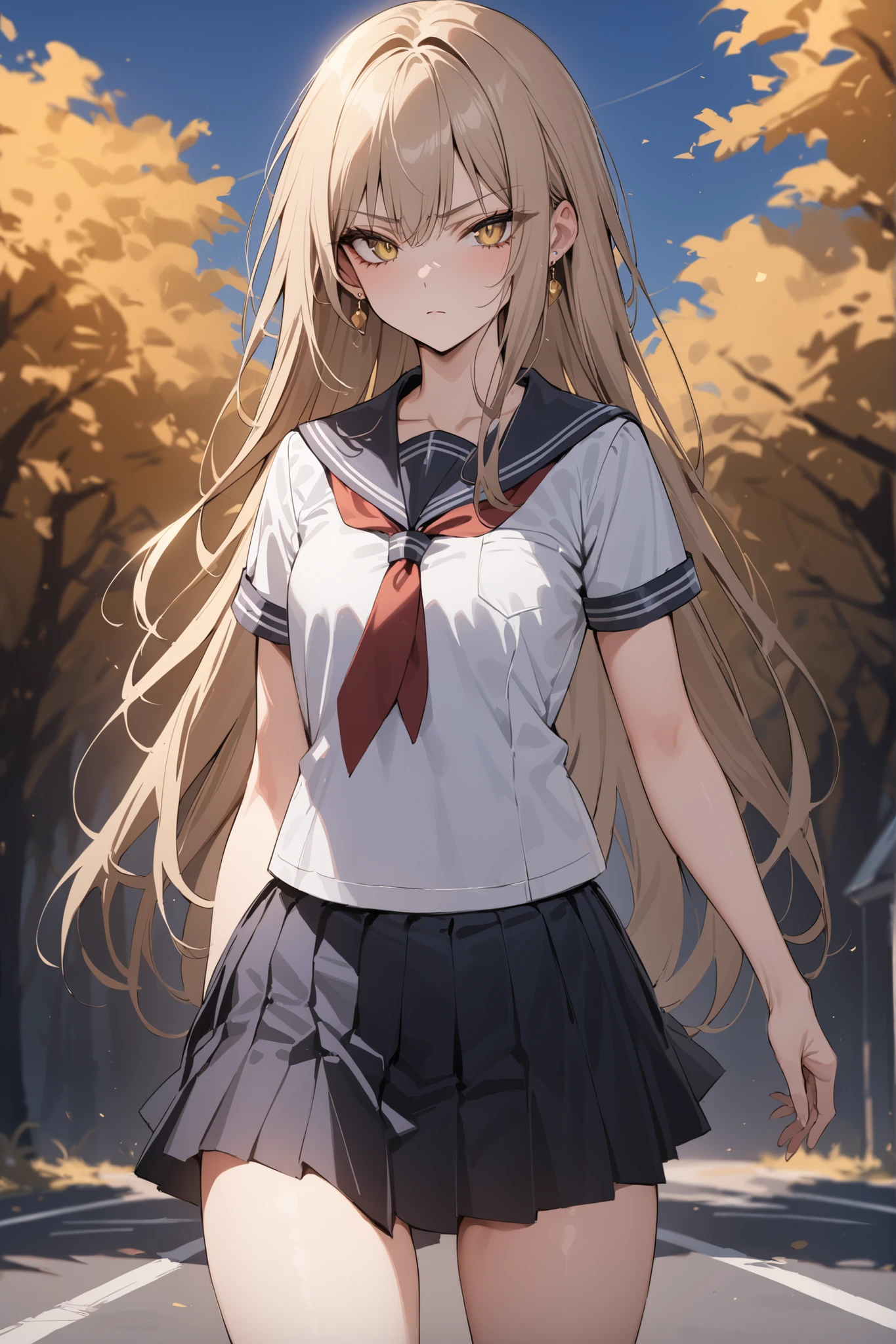 masterpiece, best_quality, 1girl, solo, evangeline a.k. mcdowell, blunt bangs, blonde hair, serafuku, black serafuku, sleeveless, red necktie, outdoors, night