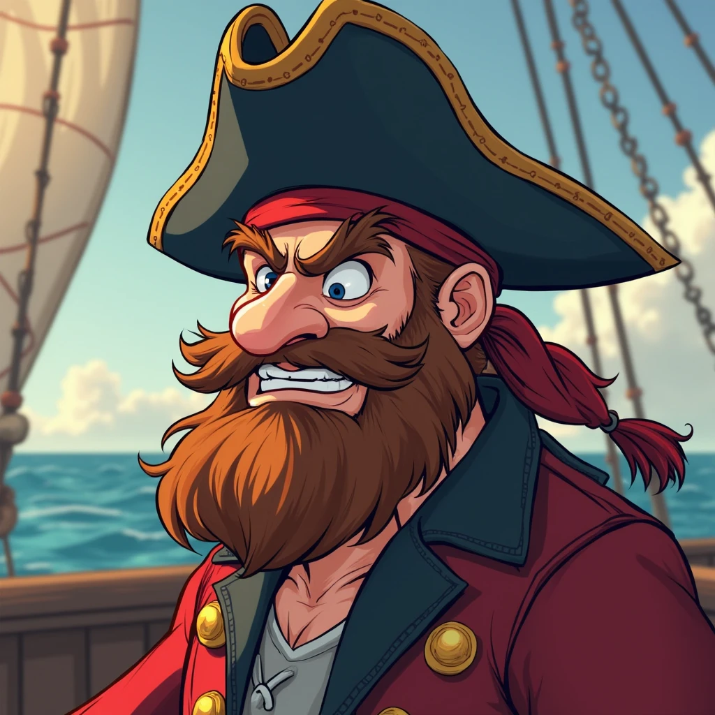 pirate man closed up face , mobile game art, banner, detailed game art, stylized game art, game illustration, splash screen art, full card design, wallpaper!, extended art, adtime style art, saturated colorful, SpongeBob style art
