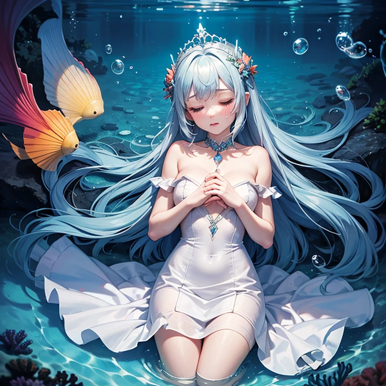Beautiful water goddess with long light blue hair collapses on a bed of bubbles with sleepy eyes、​masterpiece、realisitic
