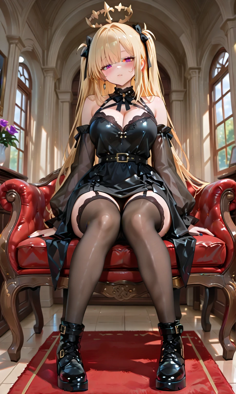 Adult woman with long blond hair and huge breasts，hairpin，Black evening dress，Bare arms，Gloves，Abdominal muscles，muscle，Thin legs，black pantyhose，Sitting upright，sofa，Palace interior space