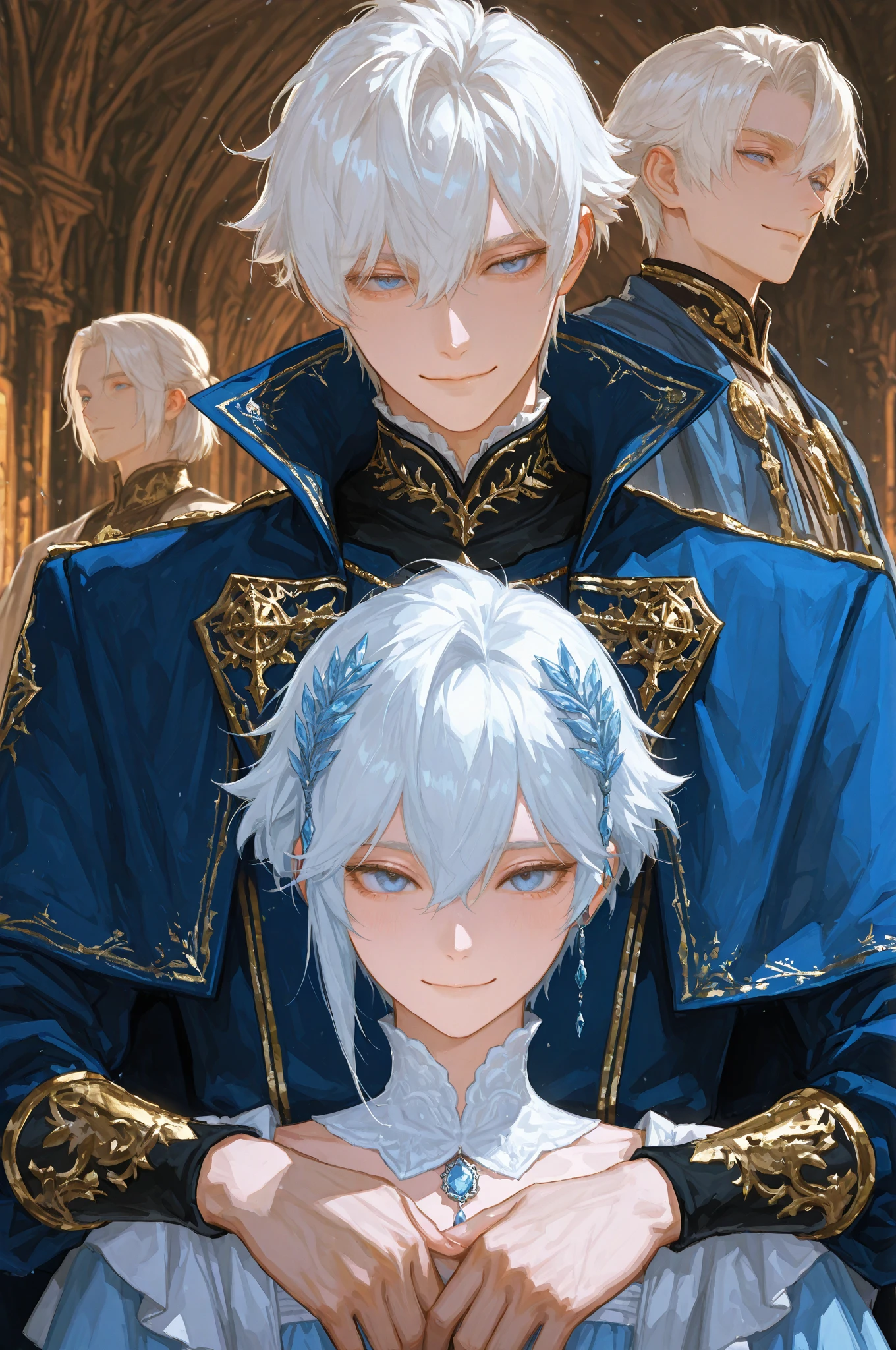 (((White Hair　Short Hair　blue eyes　noble)))　((Noble clothes　Drinking tea))　(smile)　Shining Edge