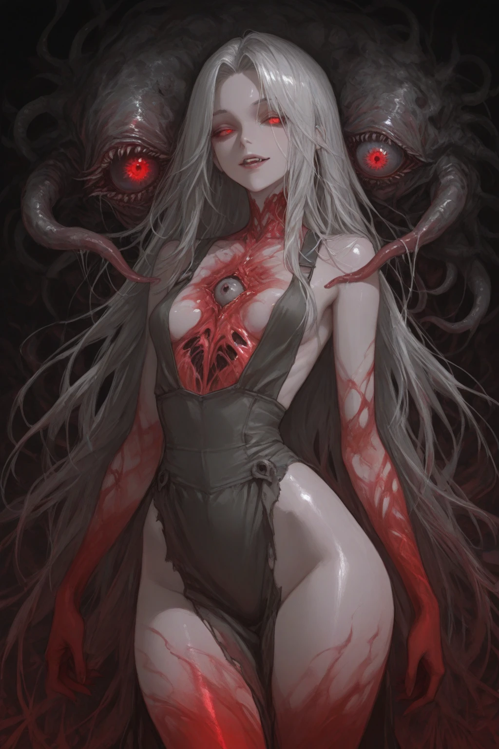 ((True best masterpiece, Ultimately perfect quality, Extremely delicate details)), ((Grotesque, Fleshy, Parasitism)), ((Wounds, Lacerations, Cysts, Tumors, Organs, Spines, Nodes, Mucus, Claws)), A skinny girl, With slim body, With small bust, With light gray hair, Wearing a worn out fabric, Was parasitized, Parasites, Tentacles