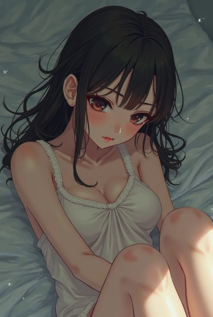 ((((Chest deflection))))、 (super flat, flat shading, flat color:1.1)、An illustration、(One Asian boyish girl)、(cute:1.2)、Very beautiful 14 year old girl manga、cheeks are red、(high detail skin: 1.2)、Photorealistic anime girl rendering、Realistic anime 3D style、beautiful brown hair、intense black eyes、strong eye highlights、(Medium chest)、perfect anatomy、hair is dirty、(sweaty)、Pale pink underwear、spread your legs、head tilt、sit on the bed、cinematic lighting、watercolor painting、hair band、frills,