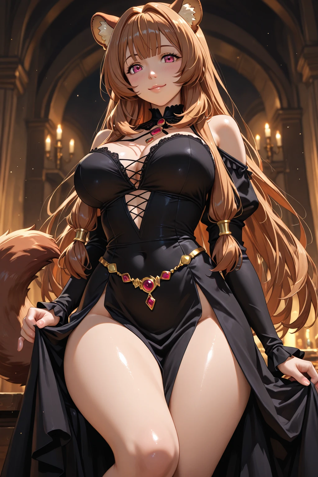 (best quality,4k,highres,masterpiece:1.2),ultra-detailed,(realistic,photorealistic:1.37), A girl with nine long, flowing tails reminiscent of a fox stands in the center of an opulently embellished room. Her tawny fur glistens under the sunlight that filters through the stained glass windows, casting a warm glow on her flawless porcelain skin. The woman possesses an alluring aura, a seductive charm that captivates anyone who gazes upon her. Her eyes, a mesmerizing shade of amber, hold an enigmatic allure, drawing you into the depths of her mysterious soul. Her curved lashes frame her expressive gaze, fluttering ever so slightly with a hint of playfulness.
As she stands there, a coy smile plays upon her ruby red lips, revealing a hint of her voracious appetite. Her slender figure is adorned with an elegant crimson wrap, cinching at her waist and cascading down to her delicate feet, exuding an air of both sensuality and sophistication. Her every movement is filled with an undeniable grace, as if she dances to a melody only she can hear.
The room itself bears witness to her presence, a testament to her ability to transform any space into her own. The walls are adorned with intricate tapestries depicting mythical creatures and enchanted landscapes, vibrant colors weaving together to create a breathtaking backdrop. The scent of exotic spices permeates the air, a tantalizing invitation for indulgence.
In the corner, a small table displays an array of delectable treats, each more tempting than the last. Fruits and pastries tempt with their vibrant colors and delicate flavors, enticing anyone who dares to take a bite. Crystal goblets filled with rich, velvety wine stand ready for the taking, their ethereal glow casting an enchanting light across the room.
As the sun sets, casting a golden hue through the windows, the woman's tails sway gently, as if in sync with the rhythm of the fading daylight. Her eyes meet yours for a brief moment, filled with a hunger that cannot be