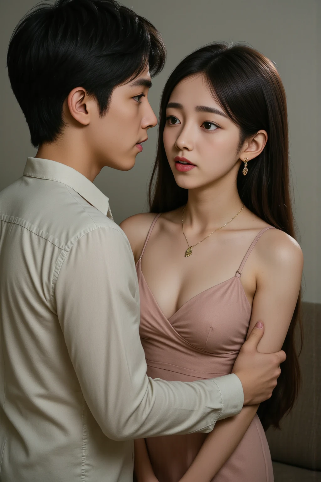 (young man 25 years old)、(The young man hugged her from behind and spoke into her ear.)、The other men grabbed her in a cocky manner.、Pick up a white skirt and rock your knees back and forth.、picture、Masterpiece、best quality、dark gray background、(1 The girl's blue eyes and two meter long black hair)、Waiting for you to use until your stomach is full with small buttocks breastini Sexy Swing Skirt Round:1.3)、(white open shoulder shirt:1.3)、The old man leaned on her from behind and picked her up.、