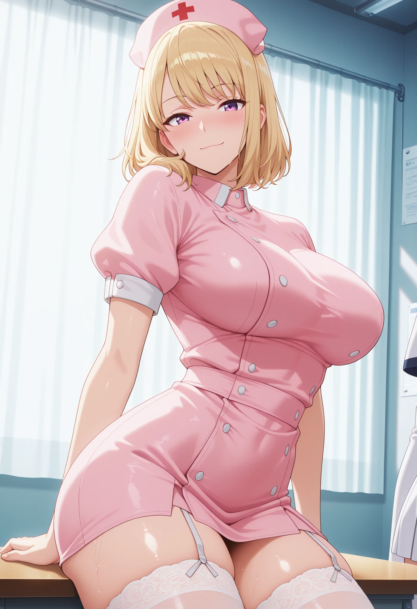 masterpiece, photoreal, high definition, slim waist, long legs, wet skin, huge ass, huge breasts, masterpiece, best quality, absurdres, perfect anatomy, 1girl, solo, Evangelion, (1990s \(style\), ritsuko, blonde hair, short hair, smile, maid outfit, white thigh highs, on bed, covered in cum, wet skin, cum drip, bukkake, breast milk, cum on face, cum on tits, open mouth