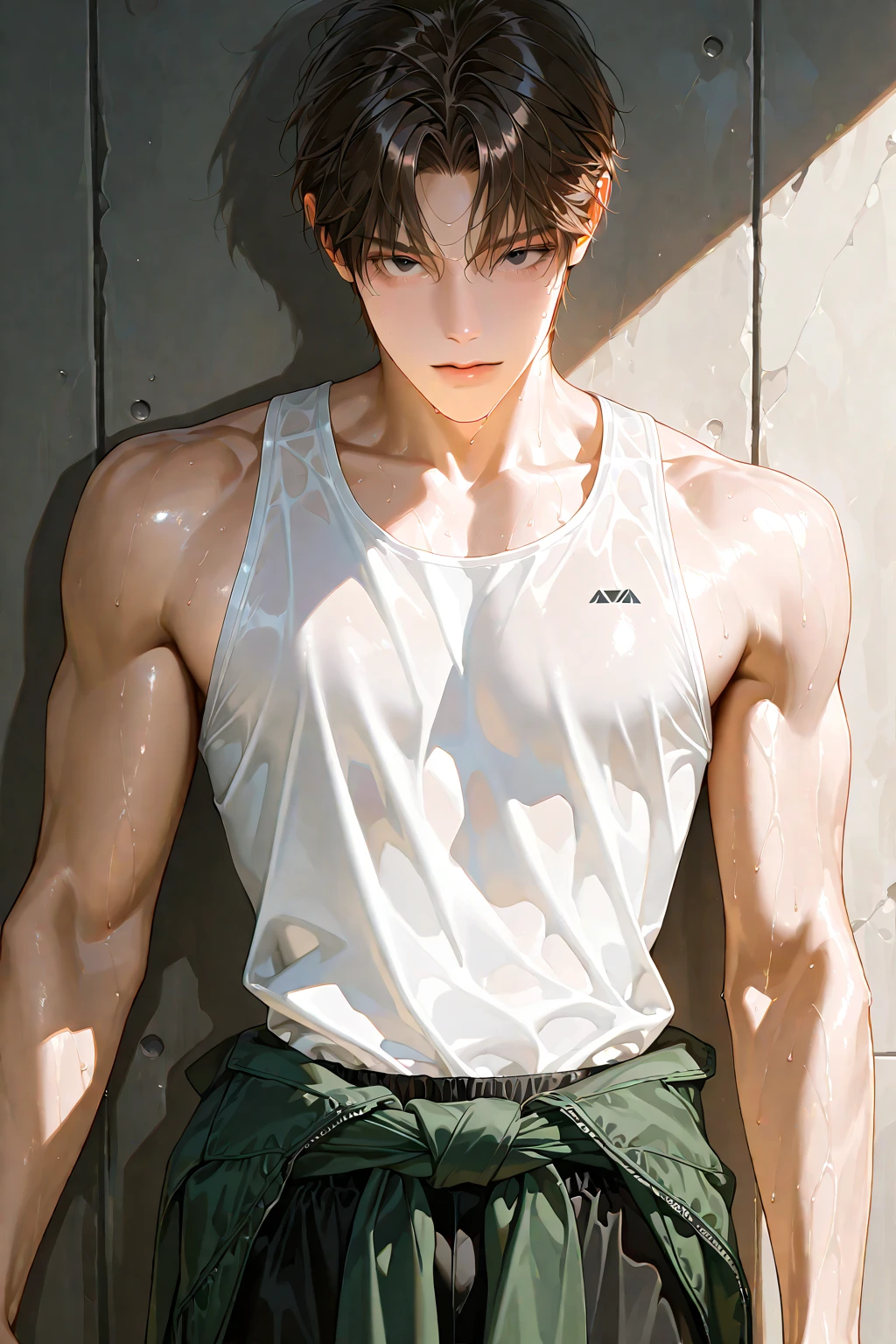 16 year old boy, 1.60 cm tall, dark green eyes, long dark brown hair, slim and muscular  ,wind breaker style and  long face, fighter  
Anime, dressed in a white tank top and long black trousers 