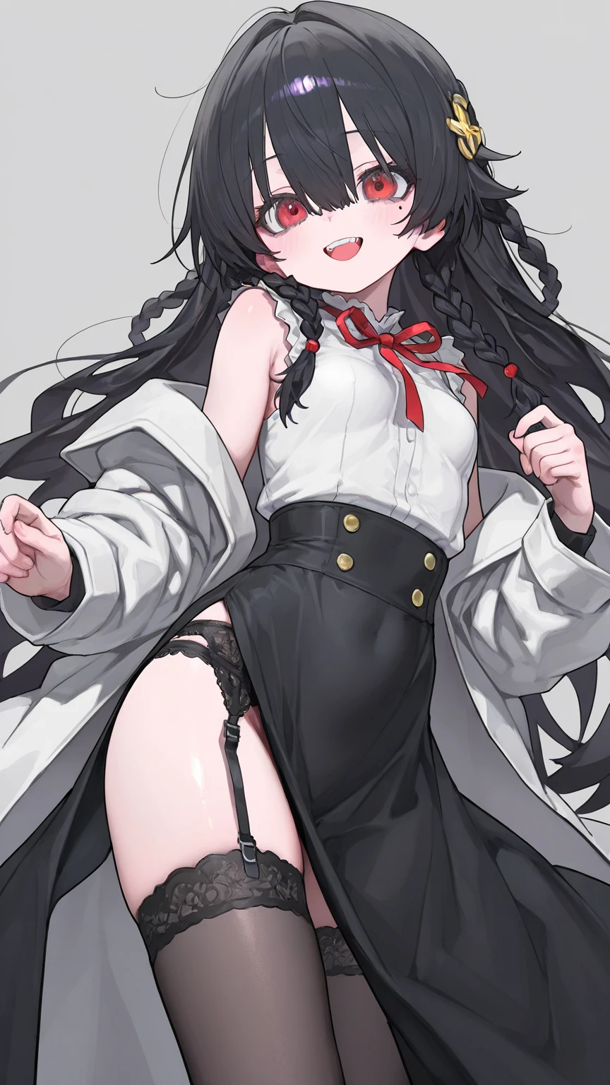 masterpiece, best quality, highres, Tohsaka Rin, 1girl, solo, busty, normal breasts, black hair, twintail, sport bra, short skirt, garter on thigh, looking at viewer, full body, standing, simple background, (erotic pose:1.4), blush, smile, grinning, (Crotch panties exposed:1.3), ((Sweating in heat, arms behind head, double armpits, crouching down, half-squat, Open the crotch before:1.3)), In the middle, symmetrical, netorare face