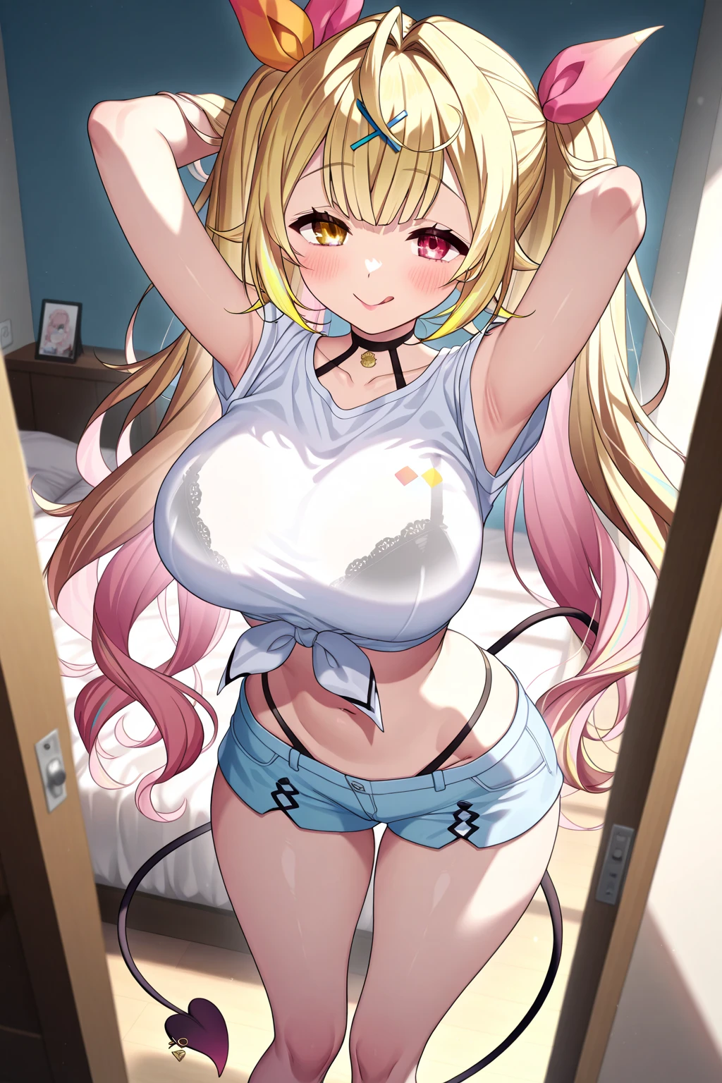 blonde sister ready to hug brother, hands wide open, t-shirt, transparent pink panties, cameltoe huge breasts, wet 