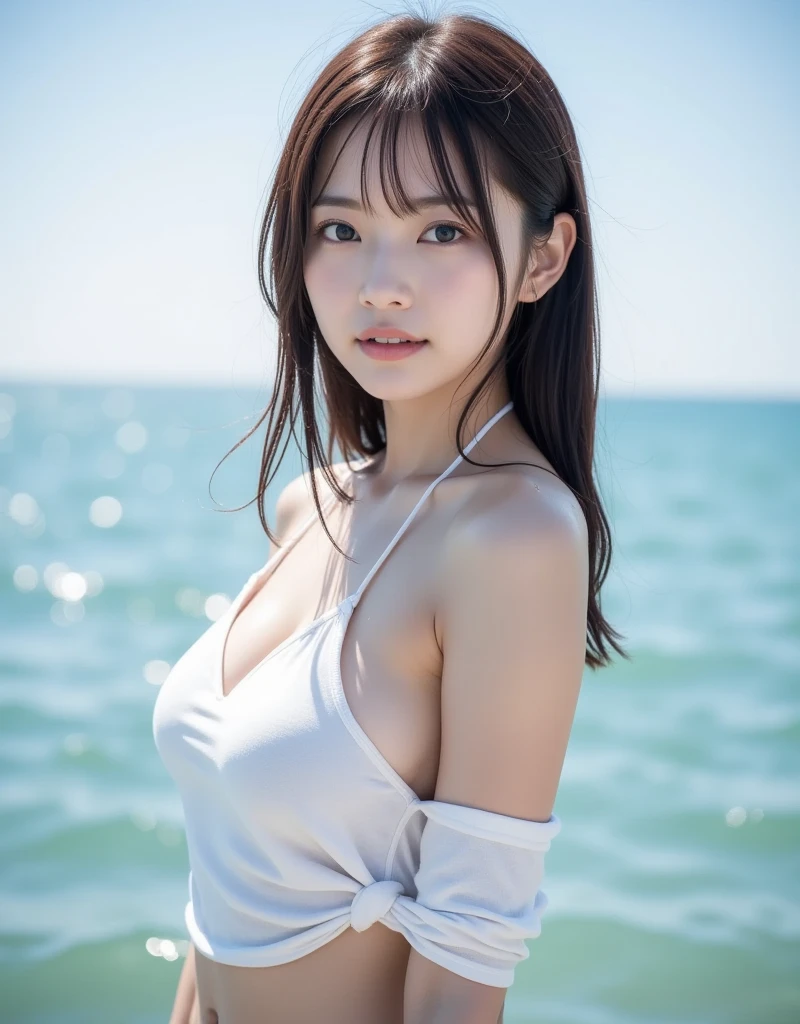 Mastepiece, Best Quality, (Highest quality、8k、masterpiece:1.3)、Ultra-high resolution、Physically Based Rendering、(Photorealistic:1.37)、Beautiful woman with perfect body:1.4、Slim abdomen:1.2、Highly detailed face and skin texture、 Red Cheeks、White skin、Narrow waist,Thin legs、Highest quality,Very beautiful woman, (cute:1.2),Perfect Glowing Skin、((Entering the sea))、(((Pubic hair is visible)))、smile、((Full nudity))、((Upper body nude))、((Hair blowing in the wind))、(((Immerse yourself in the ocean)))、Splash、Blue sky、The Wide Ocean、(((Wet body)))、((A wide background without buildings))、((Small Breasts))、((Her breasts are visible through the open blouse.))、(((A white blouse that had slipped off her shoulder.)))
