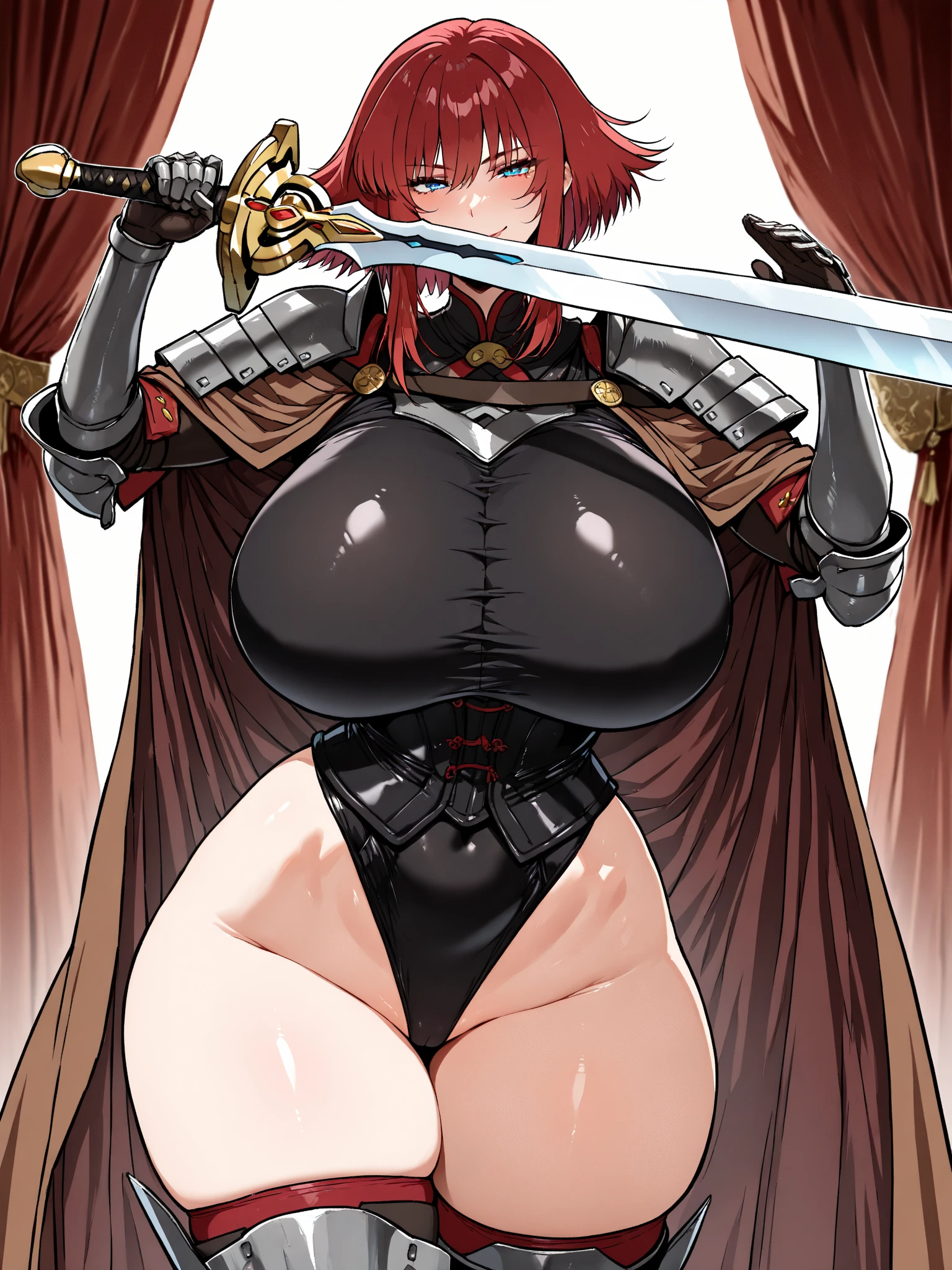 (top-quality, in 8K, 32K, masterpiece, A high resolution, Impressionism, Photorealsitic:1.2, anime style), ((detailed faces and eyes, red eyes, beautiful face, red short hair, red lips, seductive smile)), ((knight, black armoured , black armoured hips, black armoured thighs)) Cinematic, 4k,, ((big belly, massive breast,)), fantasy world