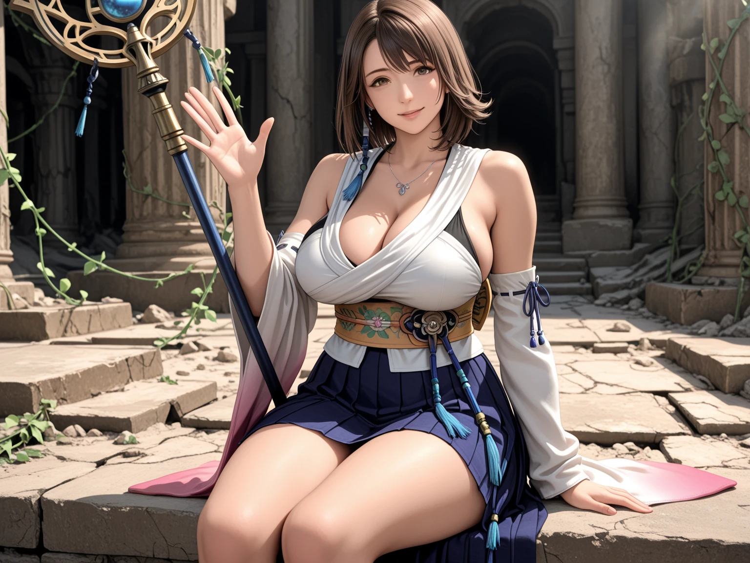 masterpiece, best quality, absurdres, perfect anatomy, (1girl, solo), good anatomy, Ashelia, short hair, AsheliaOutfit, miniskirt, thighhighs, jewelry, belt, standing, cowboy shot, smile, dynamic pose, dynamic angle, outdoors, plains, hills, (sitting, spreading legs by hands), spread crotch by hands, spread_pussy, (spreading pussy by hands)