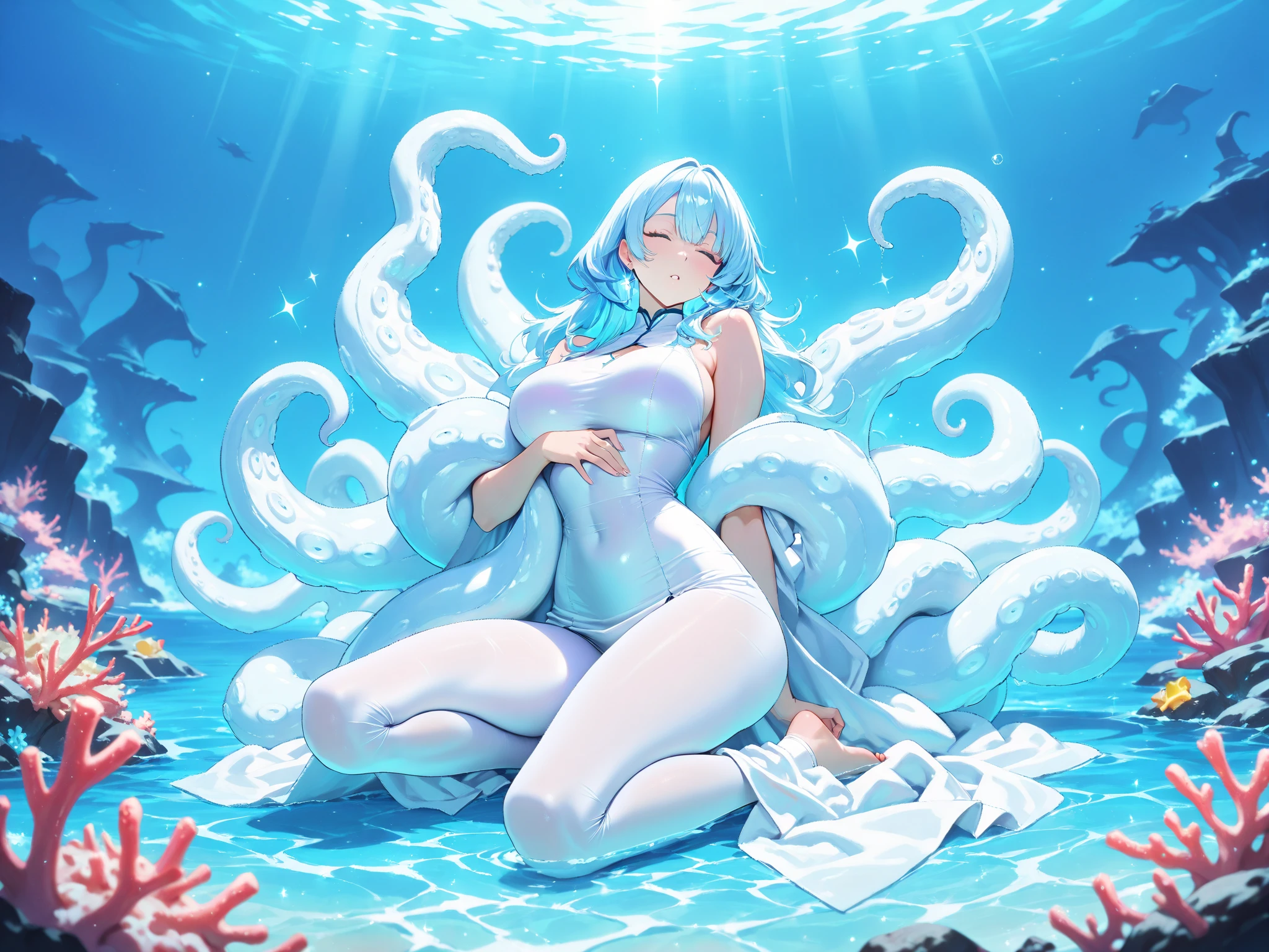 High quality,Furina(genshin impact),white and blue hair,blue eyes (glowing),long hair,no hat,Short ahoge,Showing bra,yandere face,sweat,tongue,look at viewe,tentacles are close to her panties,Showing her panties,ahegao,tentacles tied her legs and arms,underwater,tentacles are on her panties