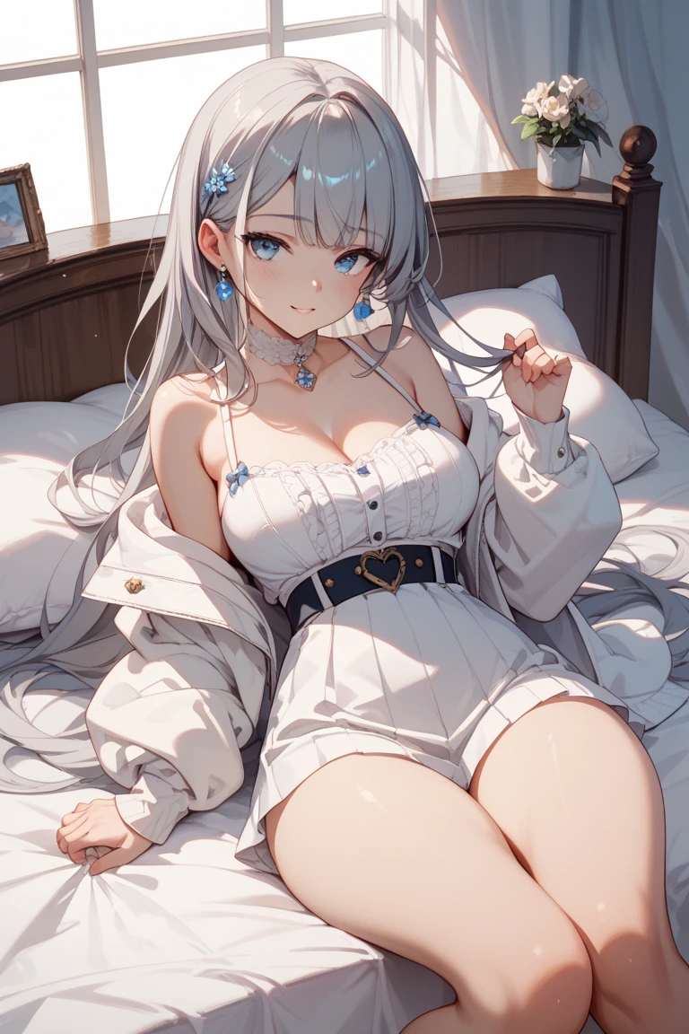 Highly detailed CG Unity 8k wallpaper、credibly_absurderes、(​masterpiece、top-quality:1.6)、(((White lace dress)))、cowboy  shot、thighs thighs thighs thighs、beautiful a girl、looking at the viewers、(((Are sleeping)))、blue eyess、White hair、Small waist、a navel、Official art、Raw foto、Incredibly ridiculous、face lights、Dynamic lighting、电影灯光、A hyper-realistic、hight resolution、a picture、foco nítido、highestdetailed、ighly detailed、detaile、extremely detailed eye and face、top-quality、resolution、illustratio、extra detailed face、独奏、1girl in、 Beautiful detailed eyes, Beautiful illustration、top-quality、Cute little girl s、Bedroom、cleavage of the breast、(((bare-legged))),Lustrous skin, High contrast, ((masutepiece, Best Quality))、thighs thighs thighs thighs、Mansuji、mekosji、Underbust、(((top-quality、8K、​masterpiece、NSFW)))、perfectly cute girls、Delicate and smooth skin、real looking skin、Perfect and beautiful face、Perfect and cute face、(subjective perspective、showing the view from above)、(((Spread your legs apart))), Are sleeping、Lustrous skin, on the beds , lovely thighs、glowing thigh、a navel、Extraordinary lovely anime girl、watching at viewers、(((Open your legs to show your white panties)))