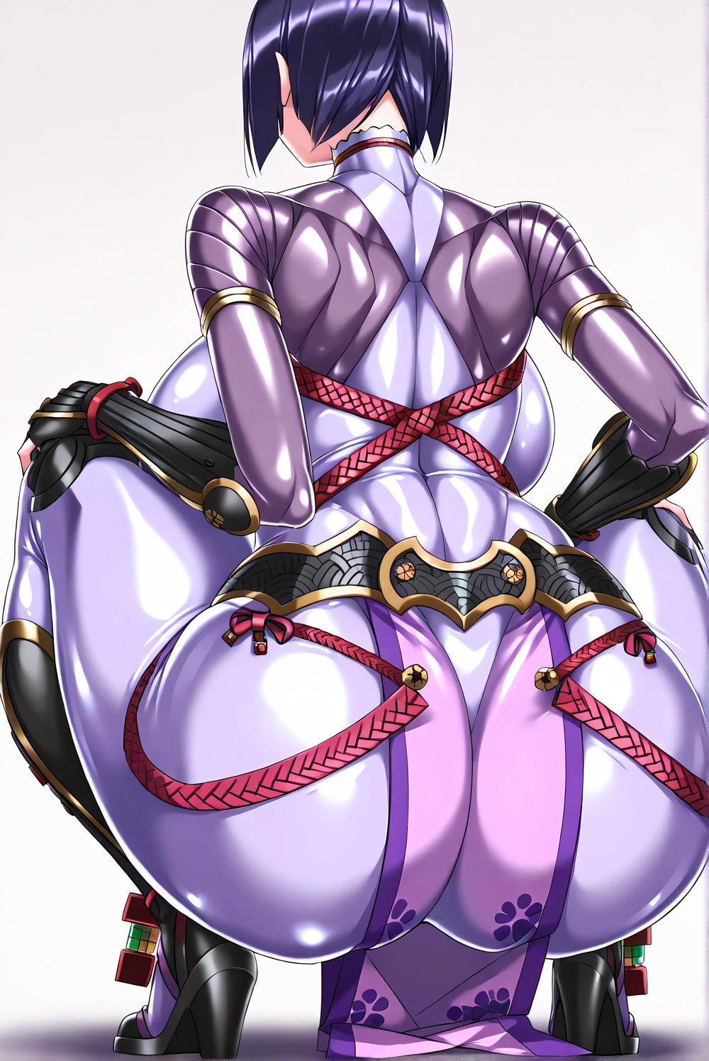 1girl,solo,super detailed skin,shiny skin,wet oily skin,natural face,lips gloss,eyelashes,half open eyes,purple hair,short hair,swept bangs,large breasts,covered erectile nipples,high leg body suit,cameltoe,Shinobi clothes,fishnet,from below,simple background,masterpiece,best quality,ultra detailed,high resolution,sharp focus,depth of field,