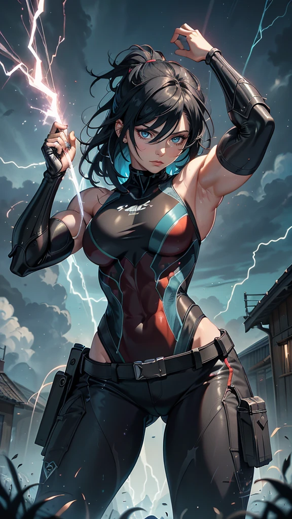 8K, complex, elegant, Highly detailed, Majestic, Digital photography, cowboy lens, surrealism painting, Broken rubies, Beating magic, Entwined ice magic, (Masterpiece, Side light, Fine beautiful eyes: 1.2), hdr, Void 5 Energy Storm, (Chinese girl, Black and red eyes: 1.5), Glowing skin, ( Sitting on a stone: 1.5), Delicate face, Black hair, Wearing palatial blue armor, Bare shoulders, navel, Short skirt, Exquisite blue armor, Rained, Beautiful, Looking at the audience, Turn away from the camera, Masterpiece, Upper body,Portrait,Muscular,musculature,Strong,Large muscles,Strong arm muscles,Strong leg muscles,Oversized muscles,Abs(body builder:1.5)