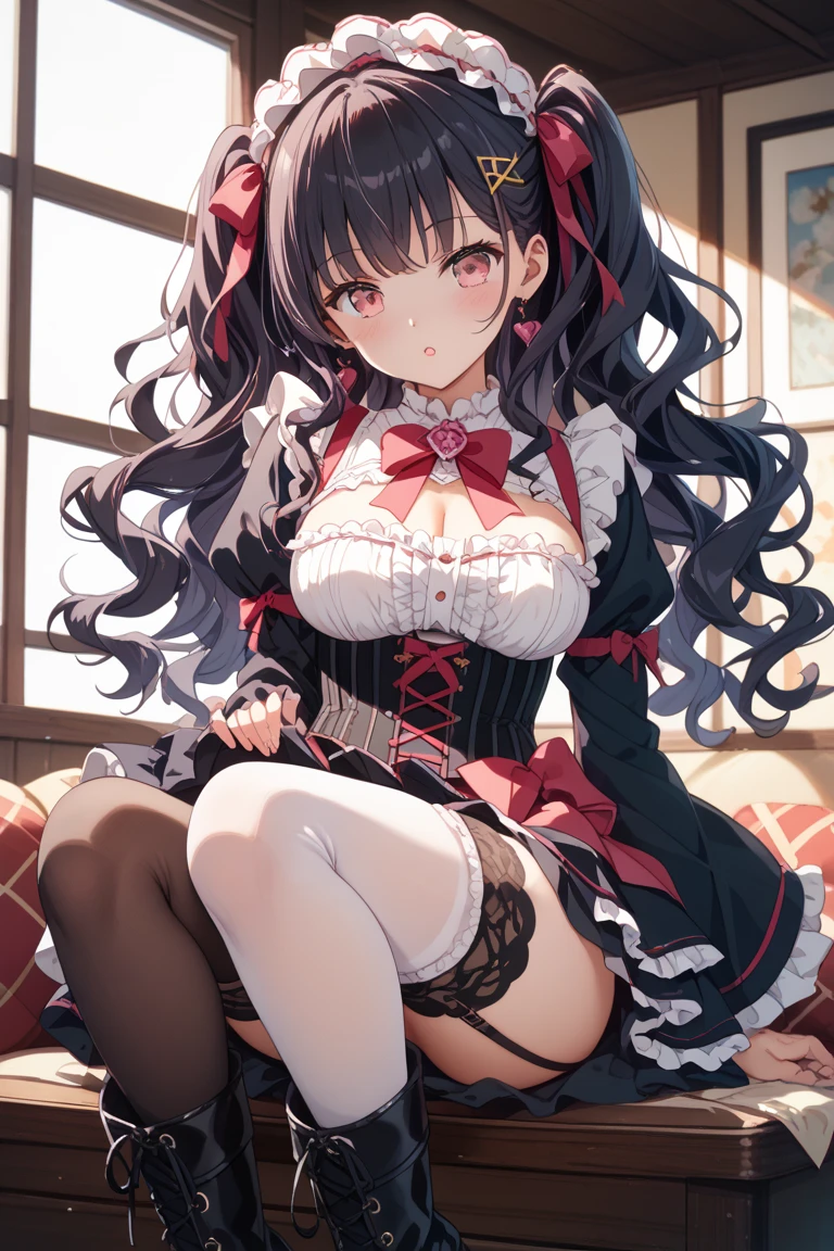 8K、Best Quality、sleeps in a bed、A dark-haired、Twin-tailed、Large pink ribbon、delicated face、Sareme、glares、、blushed face、Pink blouse with a lot of frills、Black mini skirt with lace、beauty legs、Striped lace tights、Black thick-soled pumps、Seductive thighs、Colossal tits:1.8、big butts:5.5、big breasts thin waist、Beautiful constriction、shinny skin、Facing up、Kamimei、Shy smile、Looking Up、Raise your legs up、sole of feet