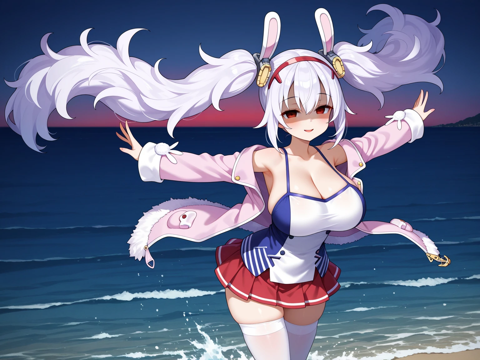 A girl wearing a white dress, long blue hair, custom bunny ears, on a white platform, with the sea around her, open sky with some clouds, blue eyes, smiling, big breasts, hills in the background,HDR, ultra resolution, well defined, masterpiece, 8K HD. (solo woman)
