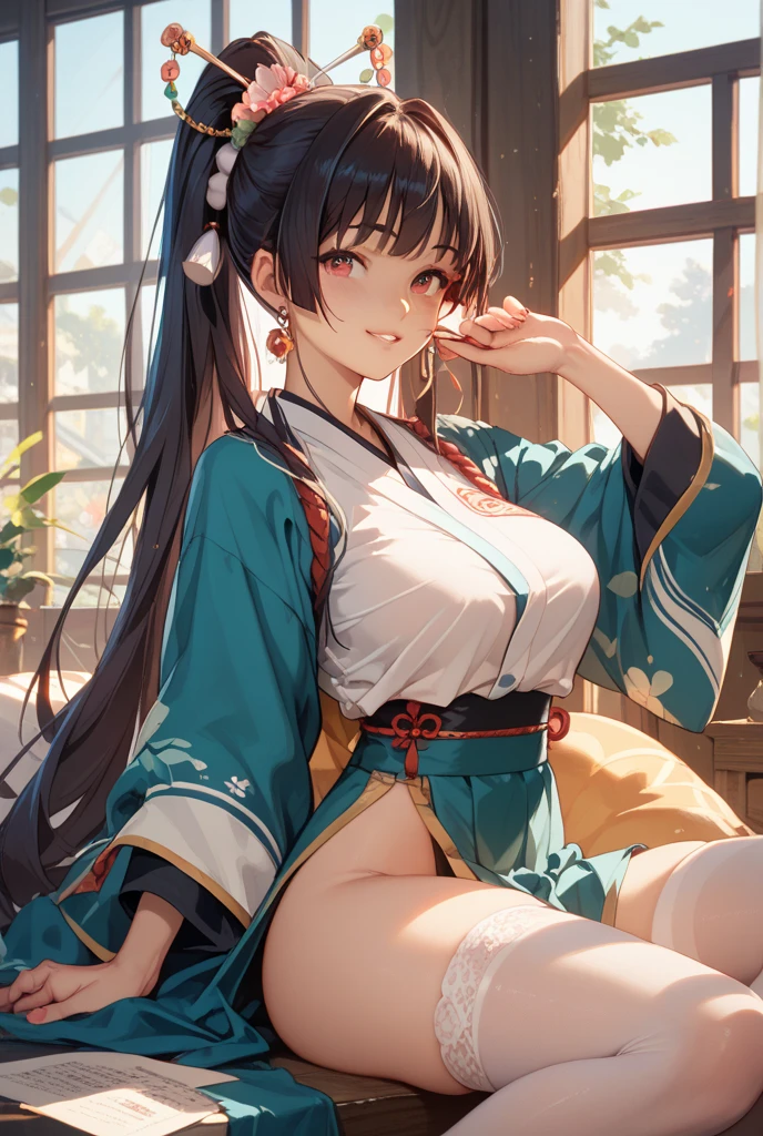 one beautiful woman、((highest quality、8K masterpiece:1.3))、sharp focus:1.2、(super beautiful face:1.0)、(shiny skin:1.0)、realistic pictures、black hair、video writing、High resolution eyes and face、video writing、japanese actress、from the front、Medium chest、shy smile、The beauty of slender abs、whole body、kimono、 highest grade obi
