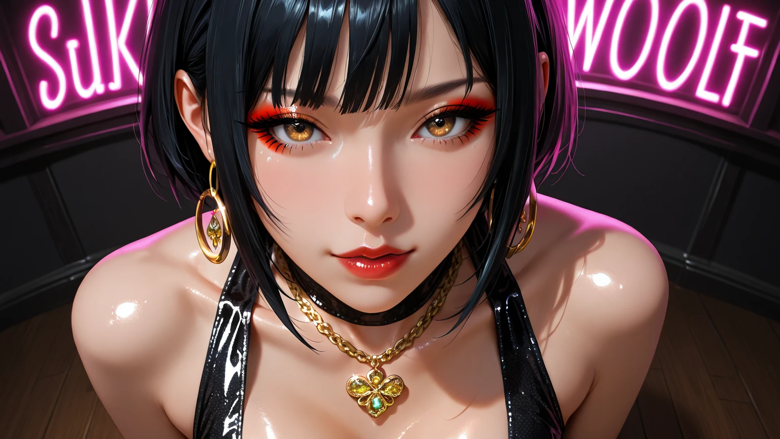 nagisa,  ultra realistic 8k cg, flawless, masterpiece, solo, 1girl, casino, rich, night dress, cutout, necklace, earring, golden, face focus, gleaming skin, elbow gloves, cleavage, shiny dress