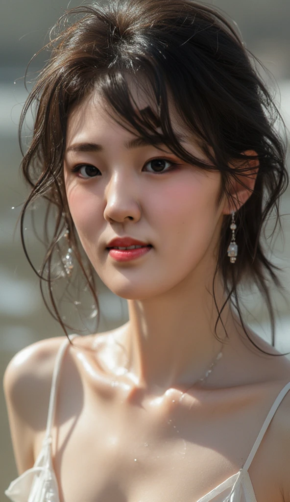 close up portrait of a cute girl wearing white wet shirt bathing in a river, braided Black hair, reeds, (backlighting), realistic, masterpiece, highest quality, lens flare, shade, bloom,