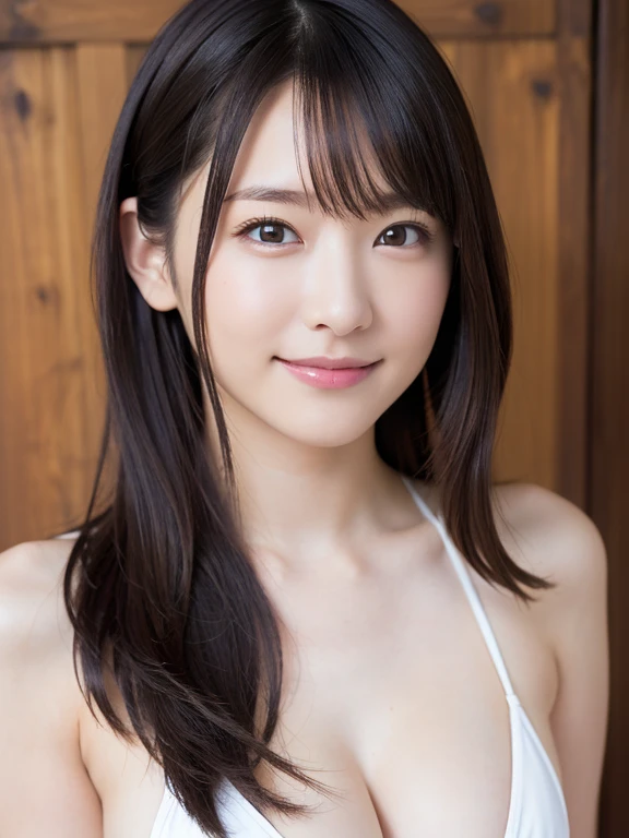 Ultra-high resolution, Highest quality, Only One Woman, One Face, bust, Beautiful woman, Very sexy body, Big breasts looking straight into the camera, Gaze looking at the camera, Sexy look, Hold your chest between your arms to create cleavage, chest closer, Beautiful clavicle, Beautiful belly button, Coquettish smile, Smile, Cute expression, Mouth closed, Skin luster, Big eyes, Pupil highlights, Transparent double eyelids, eyelash, Long neck, Beautiful clavicle, Beautiful black long hair, Shiny black hair, bangs, Pure white, no background, Listen carefully, Random Color Swimsuit, Attractive swimsuit, Very small swimsuit, Swimsuits that seem to be visible but invisible, share, mischief body, transformation, mischief, My cheeks turned a little red, Embarrassing, Laugh shyly, sun Apply oil to the skin, Gloss for lips, Overwhelming charm, Unparalleled transparency, Transparent charm, Long neck, gloss in the mouth, Apply oil to the skin, Listen carefully, Golden ratio face, Golden ratio body, White skin