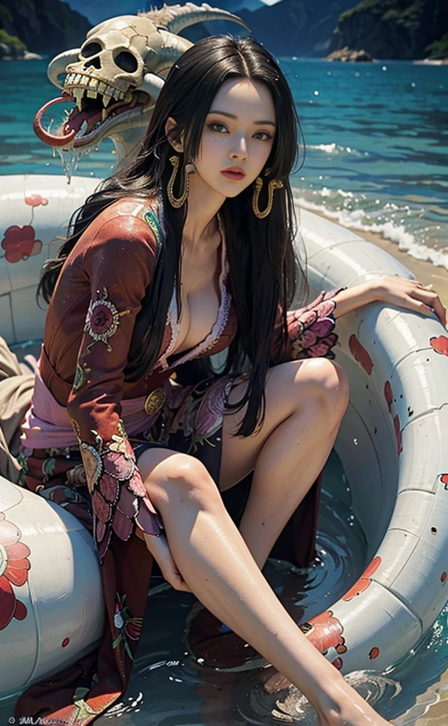 Awards, Super Detail, anatomically correct, textured skin, high quality, masterpiece，Boyahan Cook，Super charming，Realistically，super realistic， Sexy pose,beach，Perfect feet，Pink skirt，open navel，noble and inviolable temperament，Long black and smooth hair，snake，skeleton，Dynamic angles and poses，