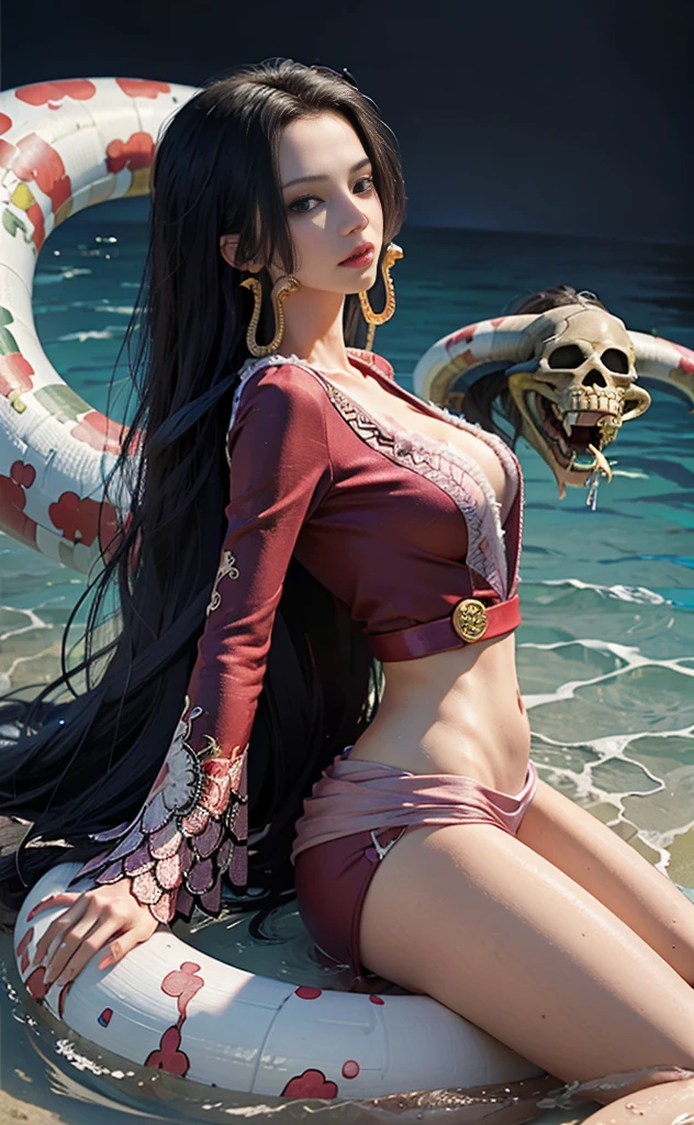 Awards, Super Detail, anatomically correct, textured skin, high quality, masterpiece，Boyahan Cook，Super charming，Realistically，super realistic， Sexy pose,beach，Perfect feet，Pink skirt，open navel，noble and inviolable temperament，Long black and smooth hair，snake，skeleton，Dynamic angles and poses，