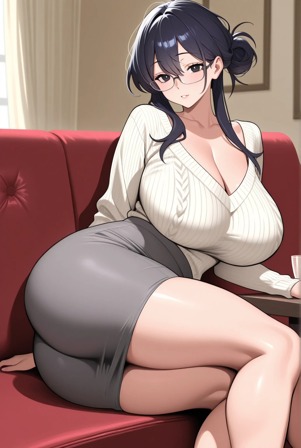 Best Quality, Solo, huge-breasted, gargantuan butt, very curvy, Short ponytail with bangs, Walnut brown eyes, Full lips, Seductive, Smiling, Exposed white buttons tied in knots, plaid skirts, Bracelet, thick thighs, Curvaceous physique