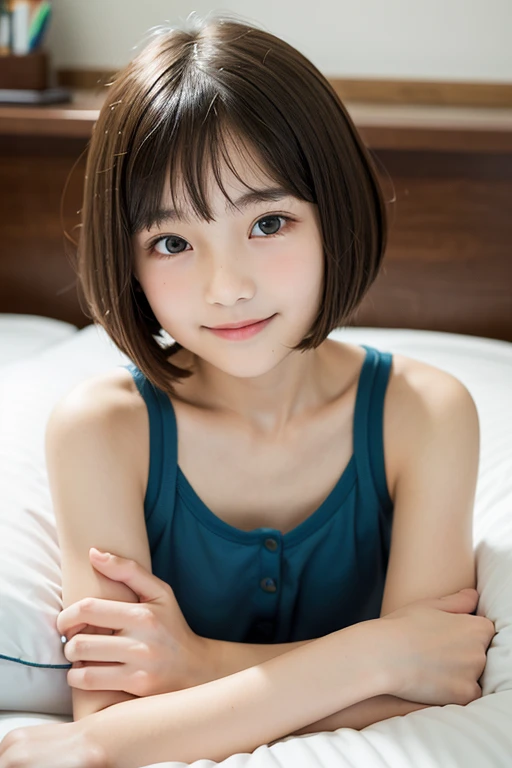 One girl,summer,Inside the room,Bed,Sit,Black Hair,,Very Short Hair,Black,Sleeveless,button,Chest line,A big smile,6th grade elementary school,Japanese,single eyelid,Neat face,Honey,front,Look here,transparent,  Soft Light,(masterpiece, Highest quality), Structure of the film, Like a movie