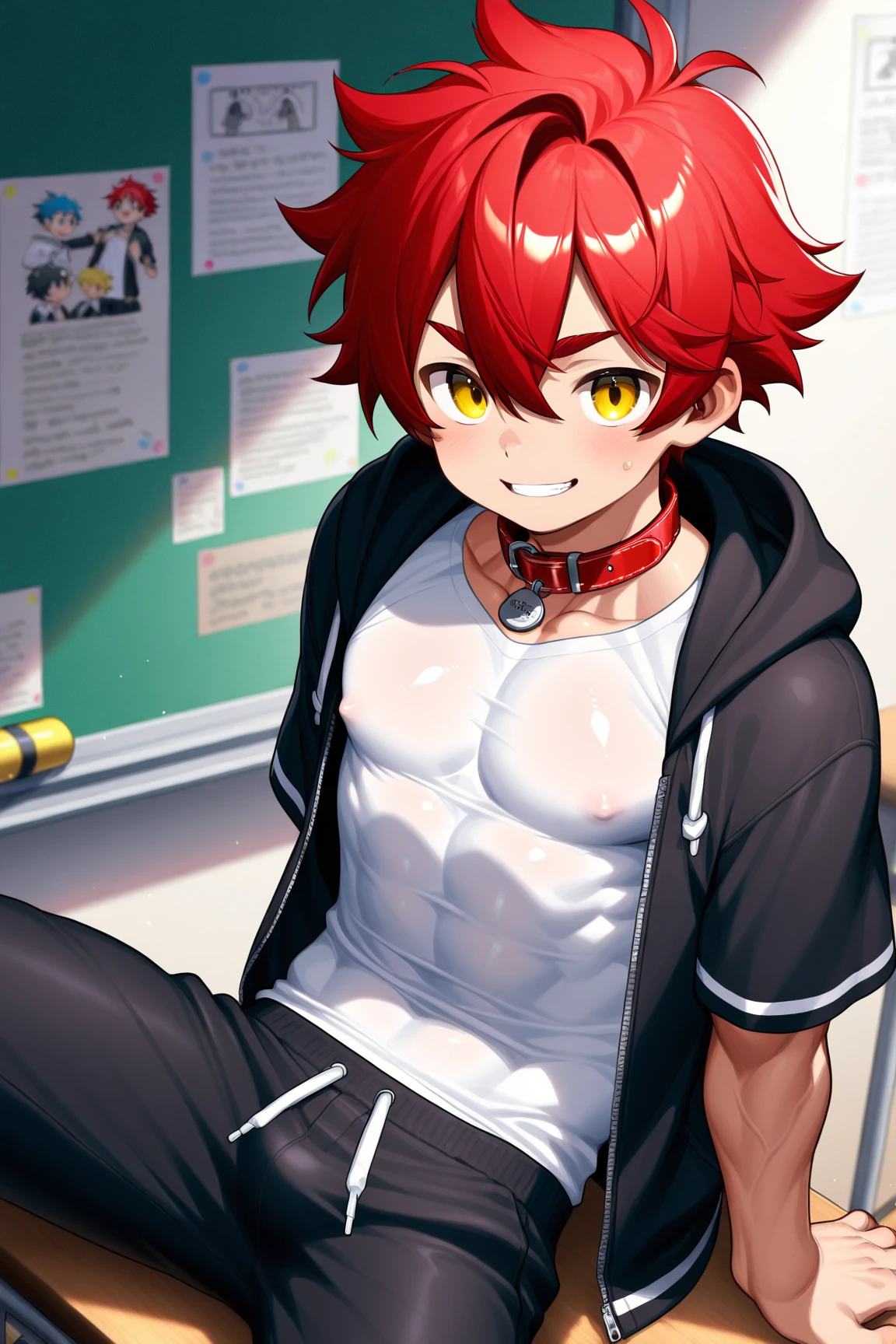 Yuijiro Hanma handsome, good body, Anime character, standing in the gym, decorated with devil tattoos, beautiful and clear muscles. His black hair is wild and unruly, his pants are black.