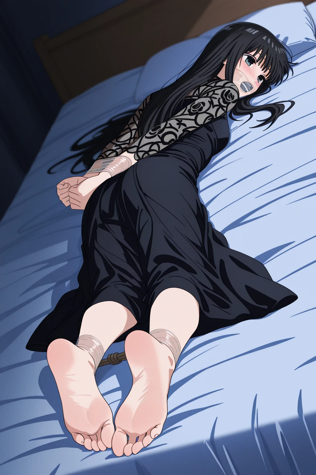 masterpiece,high quality,solo, MakiZenin,1girl,looking at viewer, purple shirt, pantyhose, ((creampie)), blushing, on bed