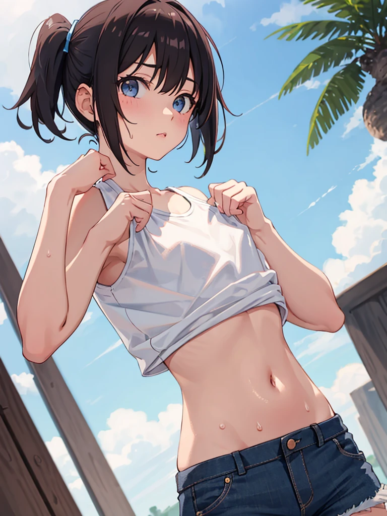Wind Horse_home town,Large Breasts,Black Hair,Long Hair,ponytail,Green Eyes,(Cheerleader, Crop top, Ultra mini skirt, Exposing shoulders) ,(Sweaty, glistening skin:1.1), Outdoor,SunLight, spotLight effect,Bright sky, Blue sky and white clouds,Strong winds,(High resolution, high quality:1.1), Intricate details, Light, 1 girl,(smile、smile),(necklace, bracelet),Sweat splashing near the face、Upper Body、Penis near face 、Blowjob、nsfw