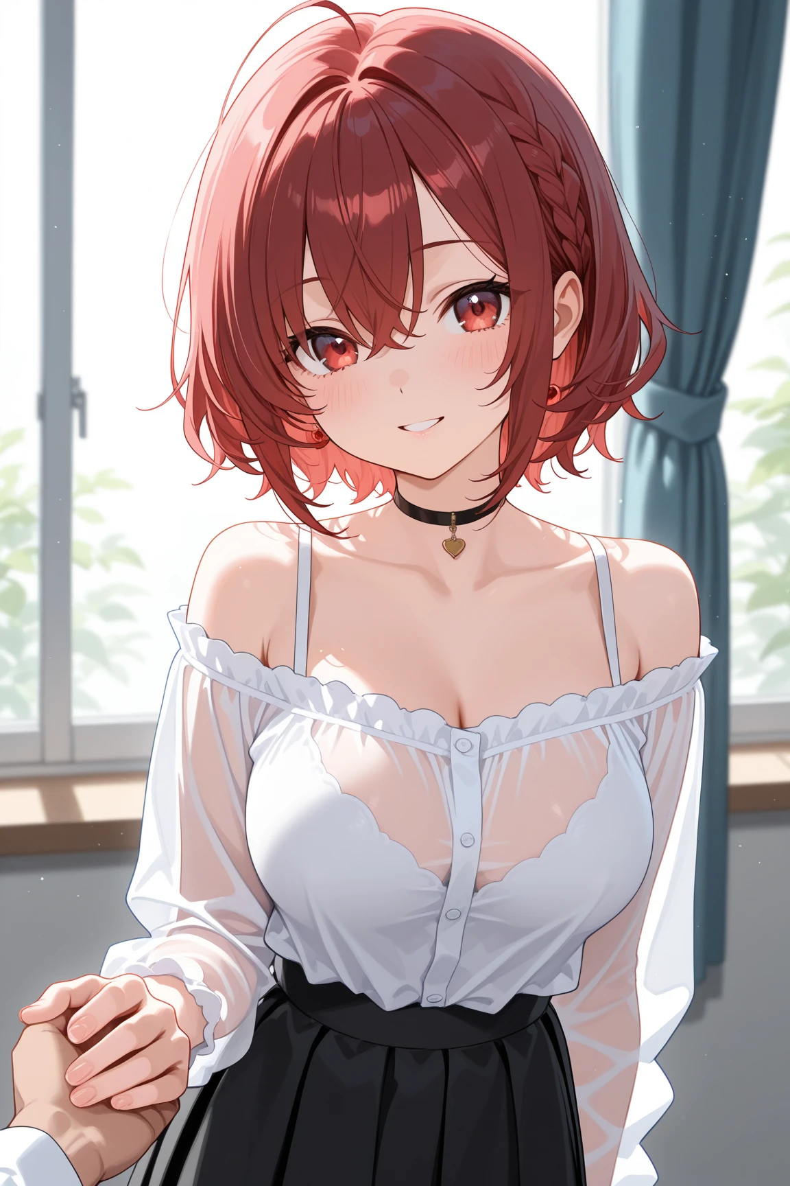 An anime girl with red hair and blue eyes wearing a skirt and an open shirt revealing a black and red bra