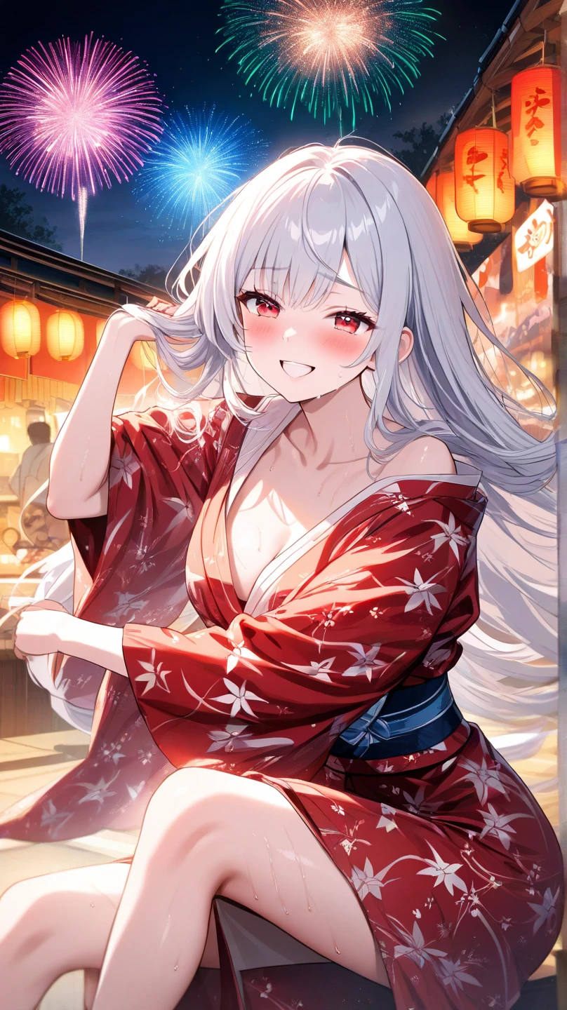 1girl, ?, alcohol, bare_shoulders, blush, breasts, brown_background, brown_eyes, cleavage, collarbone, drunk, hakama, hakama_skirt, japanese_clothes, kimono, large_breasts, long_hair, looking_at_viewer, miko, off_shoulder, open_mouth, red_hakama, sitting, skirt, solo, twitter_username, white_kimono, white_ribbon
