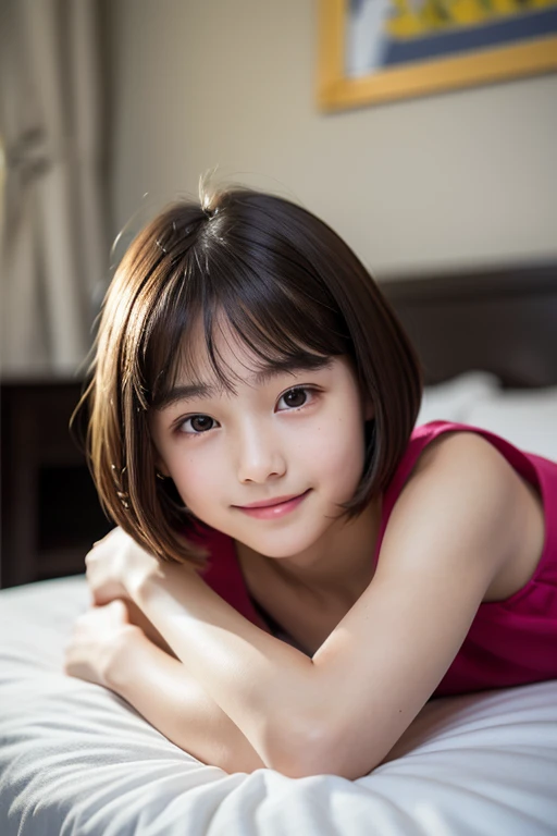 One Girl, short hair,Black Hair,smile,Inside the room, summer,bed,Sit down,grayTshirt,skirt,5th grade elementary school,Hold your head high,Look at this,transparent, (masterpiece, Highest quality), Soft Light, Structure of the film, Information like a movie
