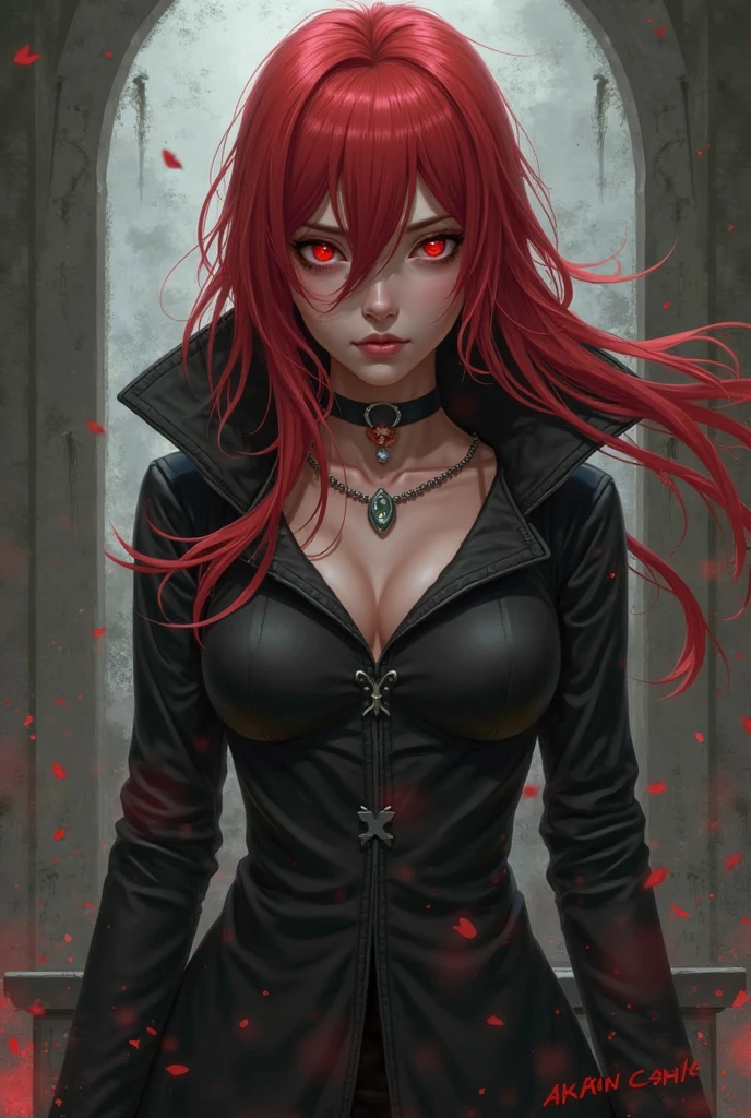 Girl with long red hair, golden right eye and green human skeleton eye, medium breasts, wearing a cloak that is held between the breasts, short shorts, wearing a top