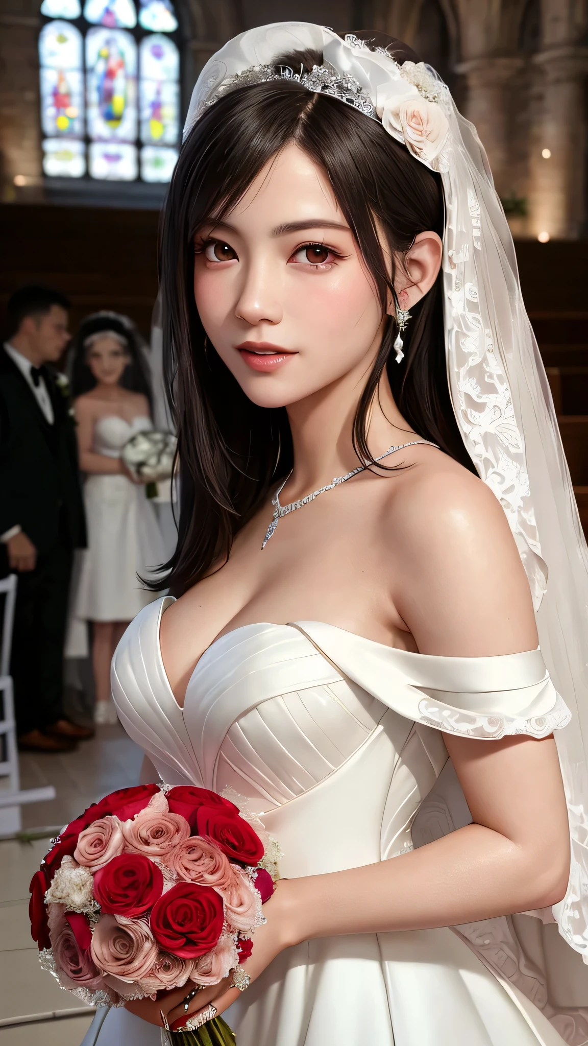 Wedding Gowns，lecture hall，flying white dove，Holding a bouquet of roses，Sacred