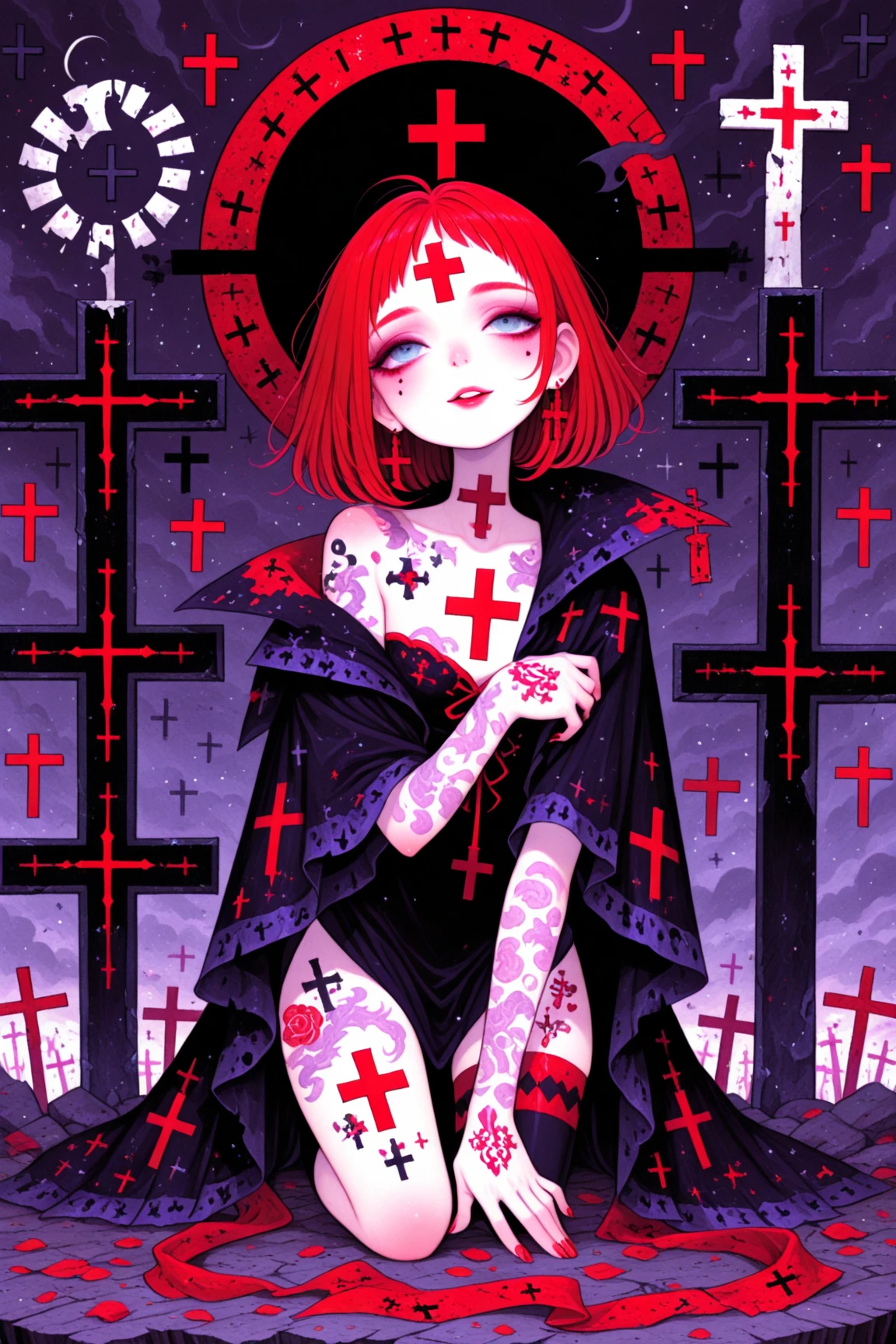 pixel art style, totally black background, red hooded trench coat, deep red trench coat, blood red, faceless, pentagram pendant, holding a skull in hands, front view, flat background
