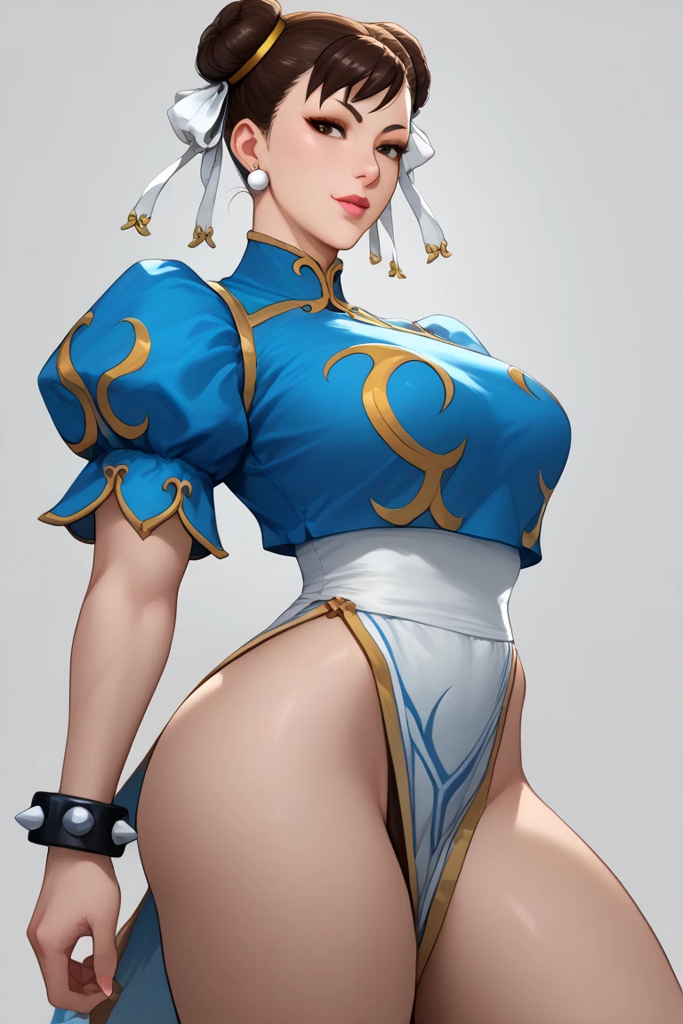 chun li,Obra de arte, melhor qualidade, agrias, gray sweater, collant preto, standing, olhando para o espectador,belas coxas,roupa azul,olhar penetrante,evil look,oculos no rosto,melhor qualidade,best quality,looking at viewer