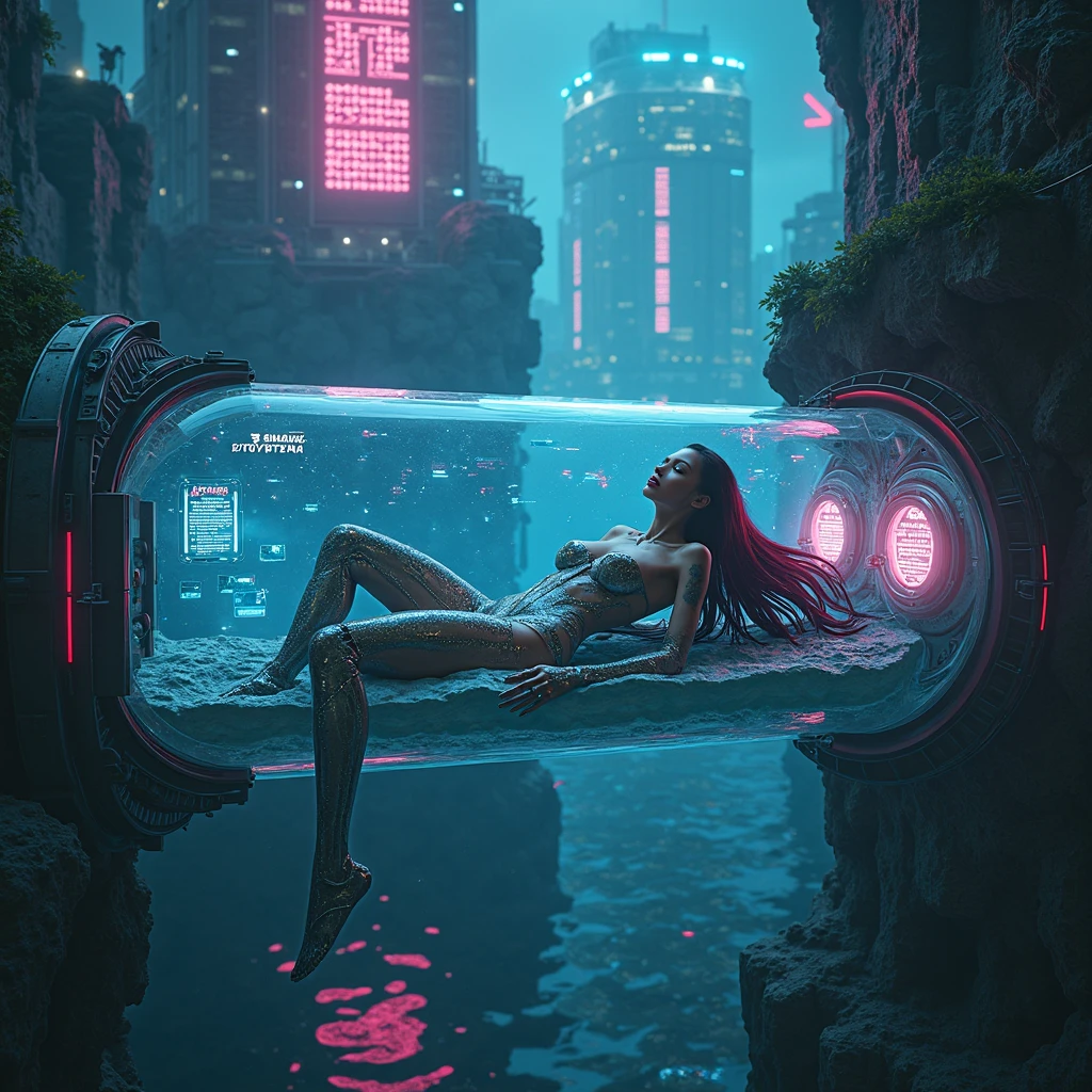 brightly lit image of a woman floating in a pool of water, 3 d neon art of a womens body, promo art, neon noir, neon jacuzzi, neon digital art, retrowave epic art, neon light and fantasy, neon ambience, stylized neon, artem demura beeple, beeple. hyperrealism
